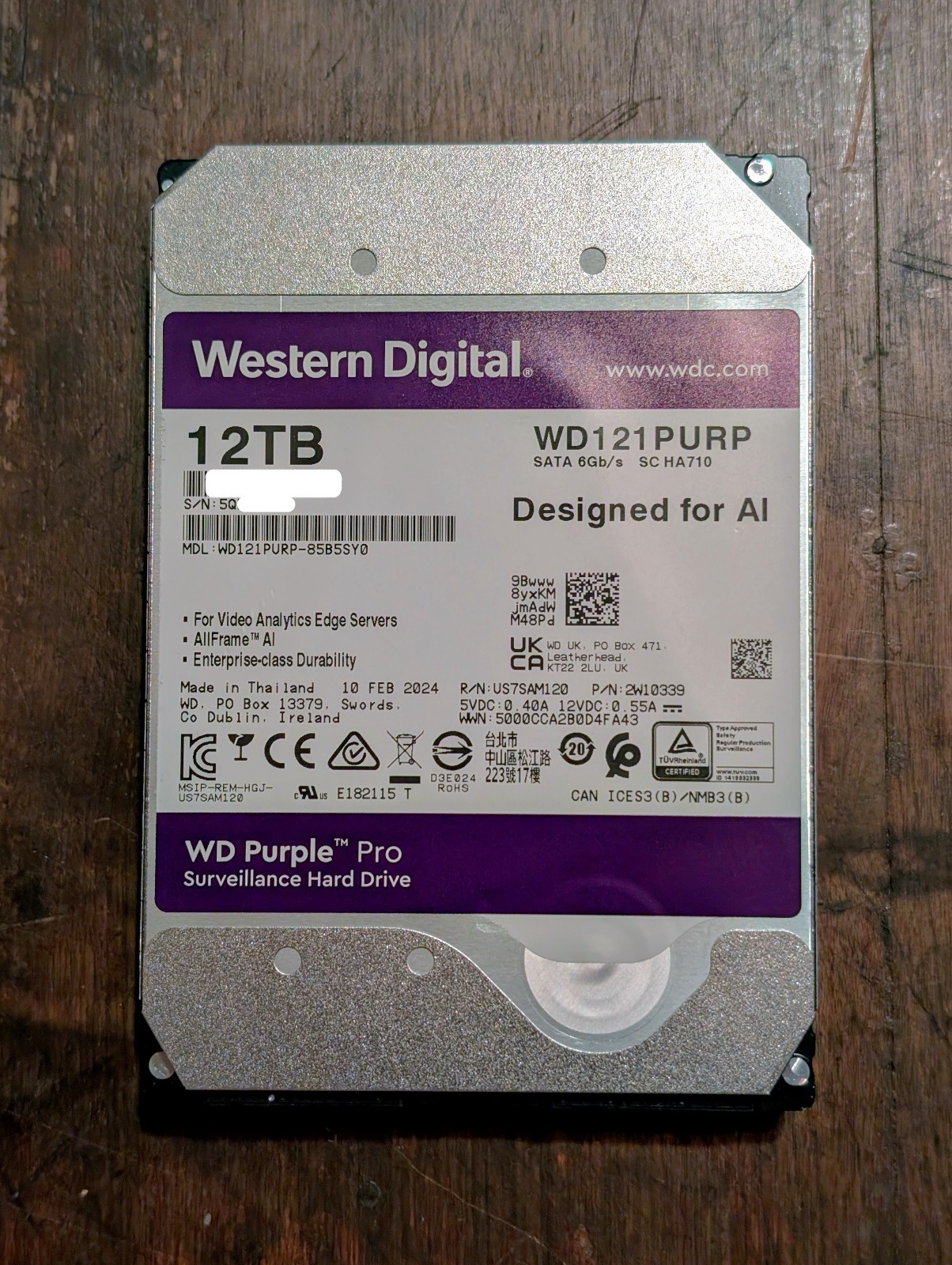 WD Western Digital Purple Pro 12TB Surveillance HDD WD121PURP SATA 6Gb/s 7200RPM