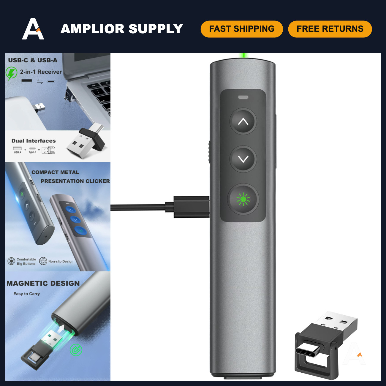 2-in-1 Metal Wireless Presentation Clicker, USB Type-C Dual Receiver Remote Cont