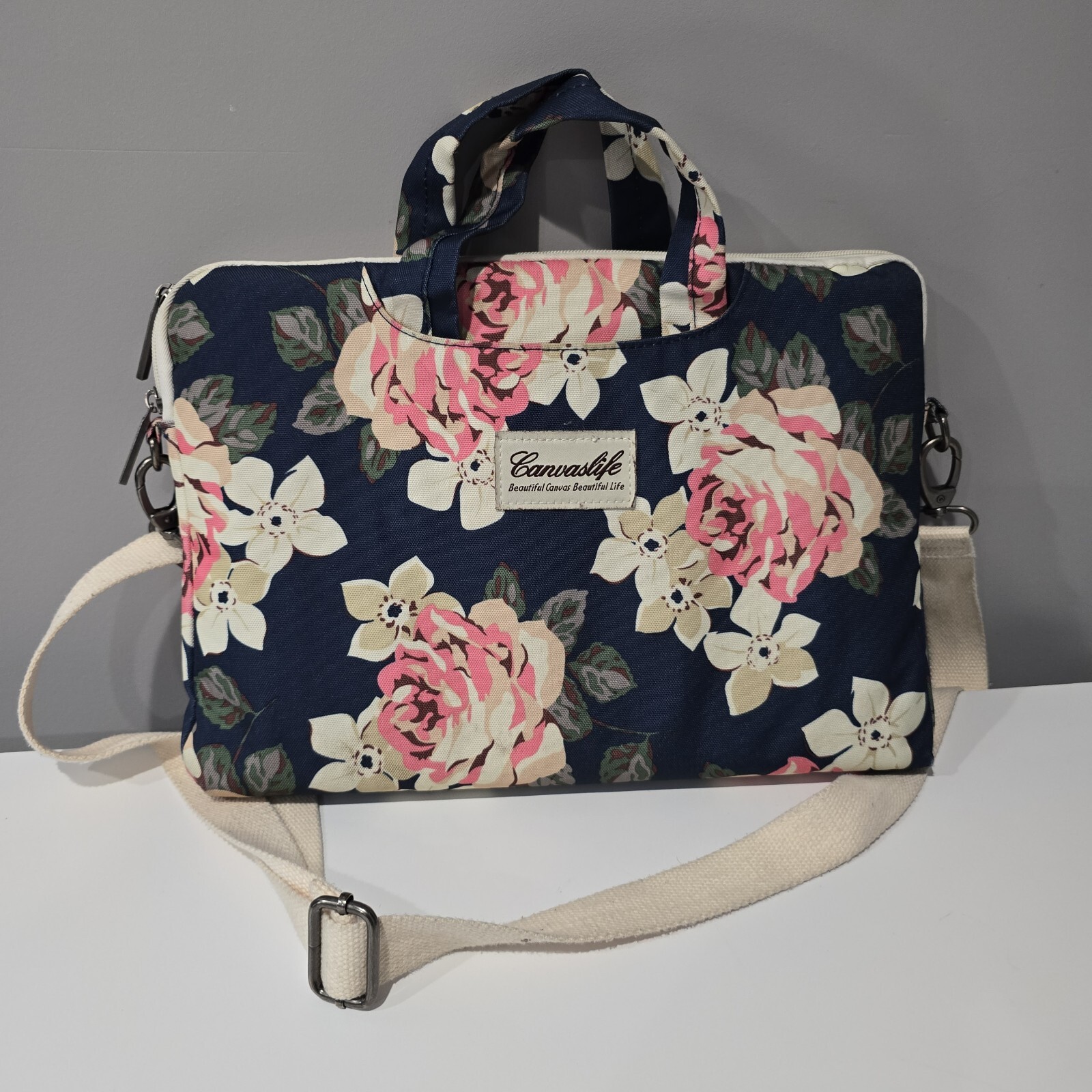 Canvaslife Canvas Blue Pink Floral Flower Roses Padded Laptop Computer Bag