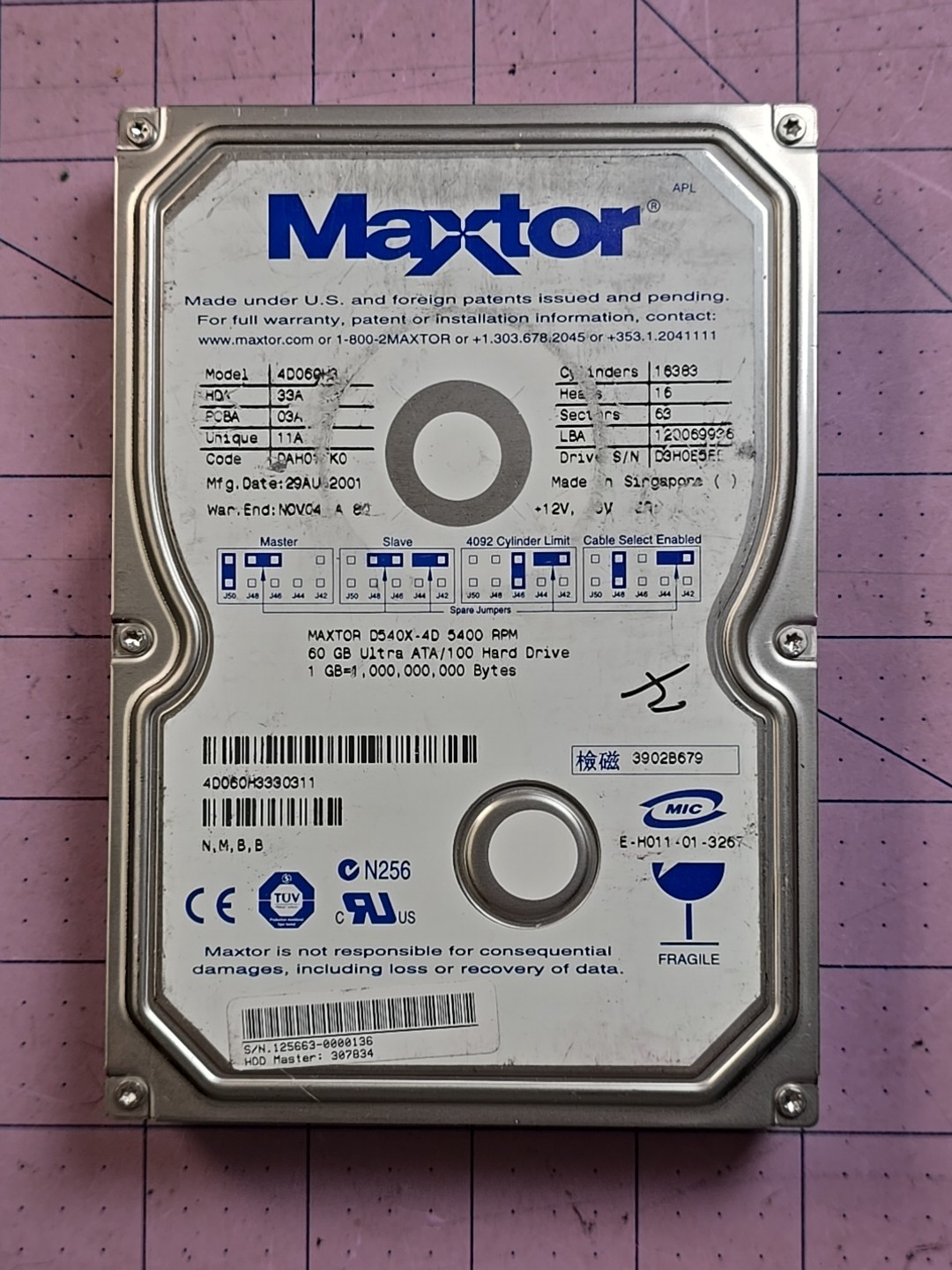 Maxtor DiamondMax D540X- 4D 5400RPM 60GB IDE HDD 4D069H3 - Tested and Formatted