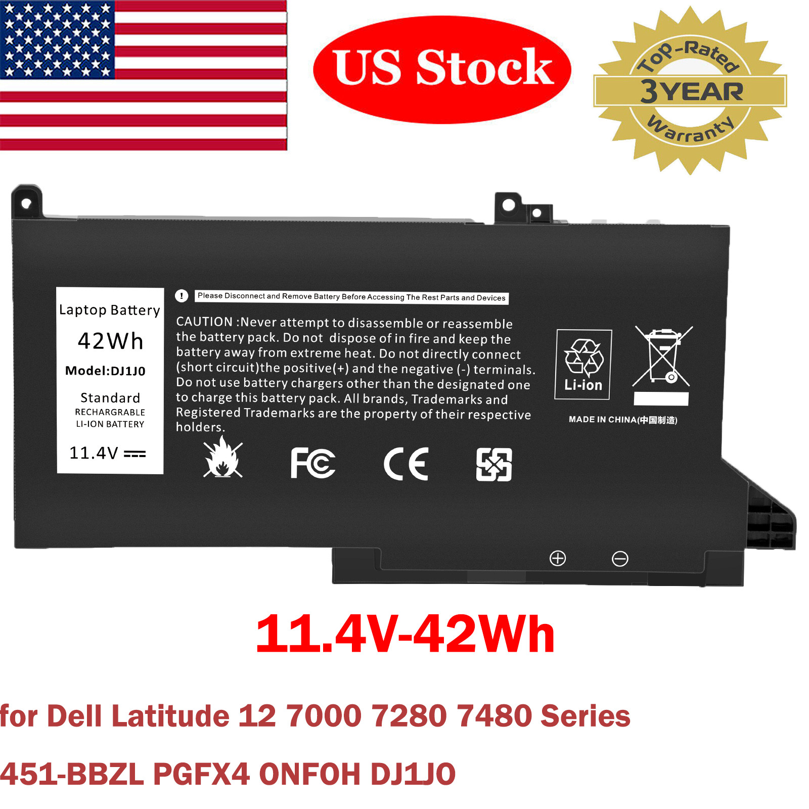 Laptop Battery For Dell Latitude 12 7000 7280 7480 PGFX4 ONFOH DJ1JO DJ1J0 42Wh