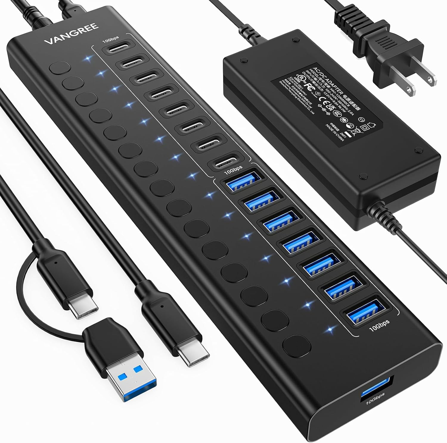 16-Port USB Hub, 10Gbps, 8 USB-A 3.2 + 8 USB-C 3.2