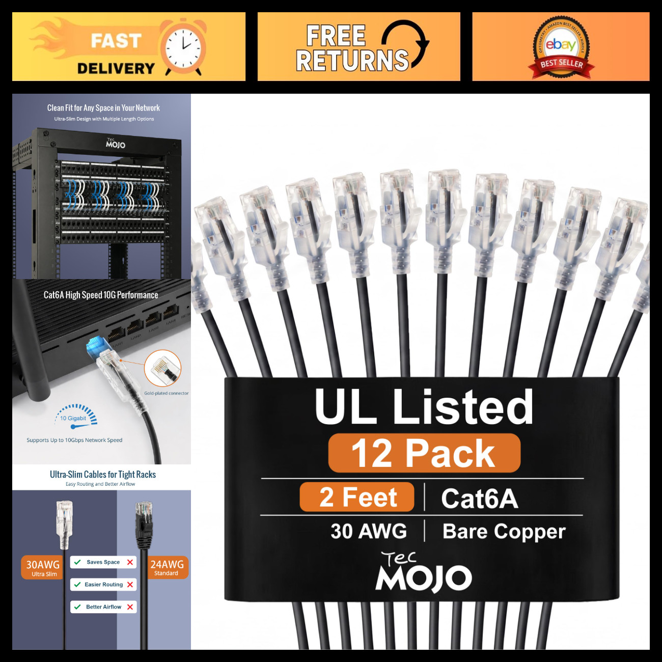 Ultra Slim Cat6A Ethernet Cable 2FT, 23AWG, 12-Pack, High-Speed Network Cable, B