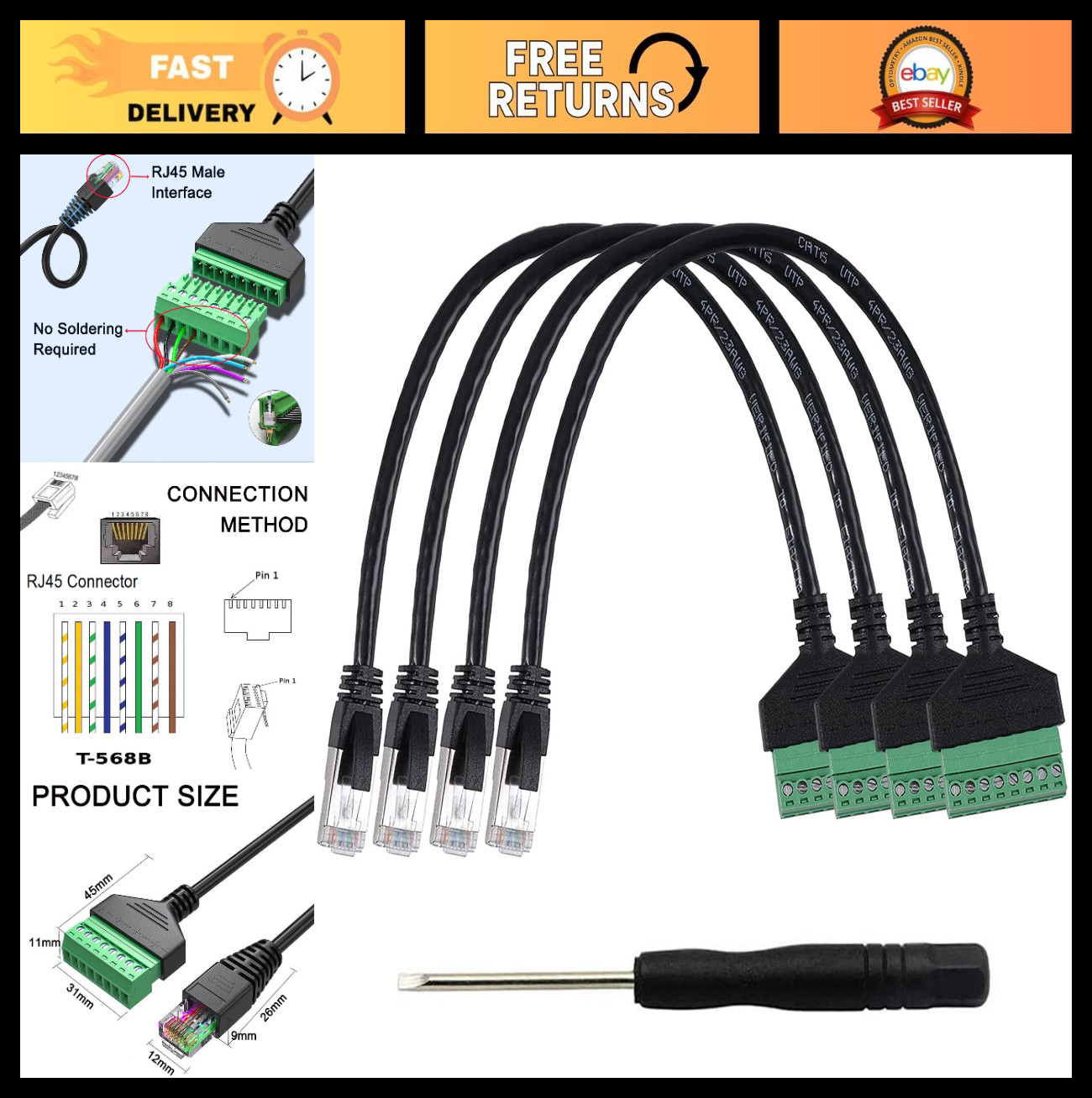 4Pcs 1ft RJ45 Male to 8Pin Screw Terminal Adapter Cable - Ethernet Extender Conn