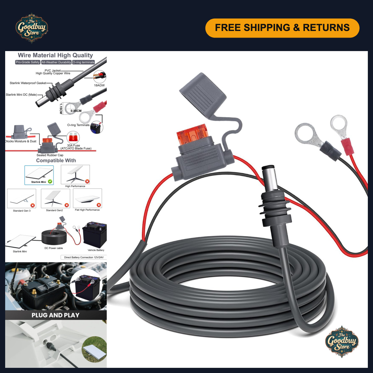 3M 10FT Battery Power Cable 18AWG with Fuse for Starlink Mini, RV, Boat, Off-Gri