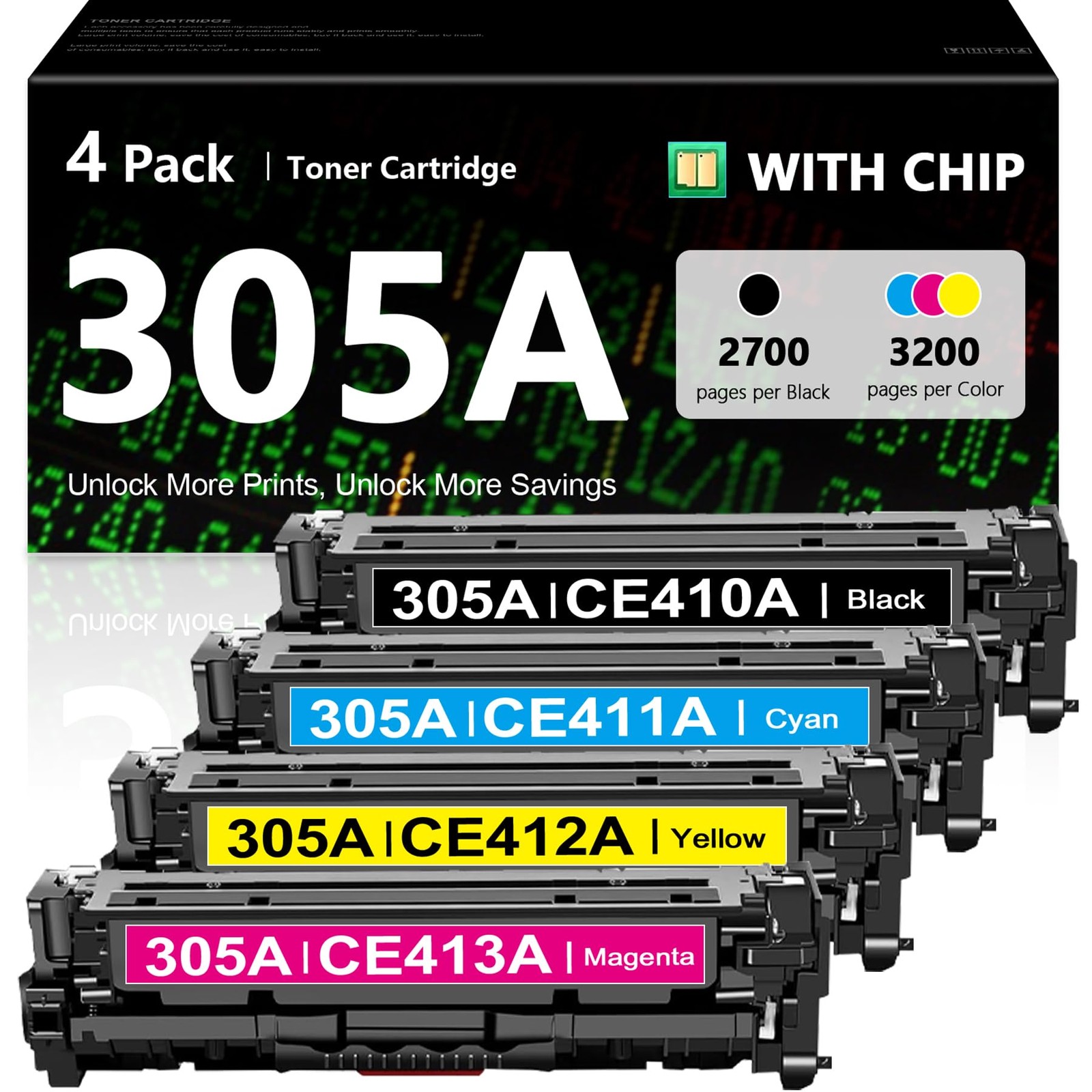 ** NEW HP Toner | 305A / 305X | Black / Color | With Chips | Compatible | 4-Pack