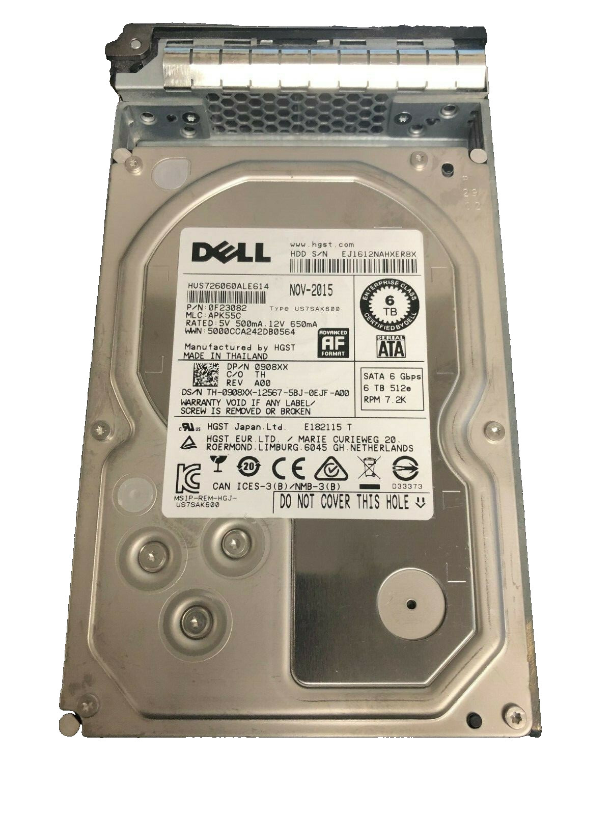 908XX Dell 6TB 3.5" SATA 6Gb/s 7.2K Hard Drive HDD 0908XX HGST HUS726060ALE614