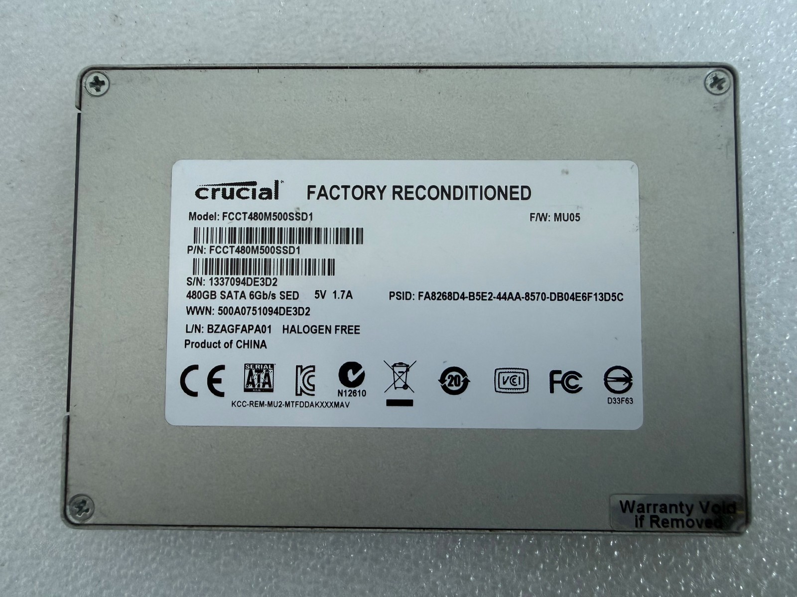 Crucial M500 480GB 2.5" SATA III SSD FCCT480M500SSD1 Health Status: 100% Good