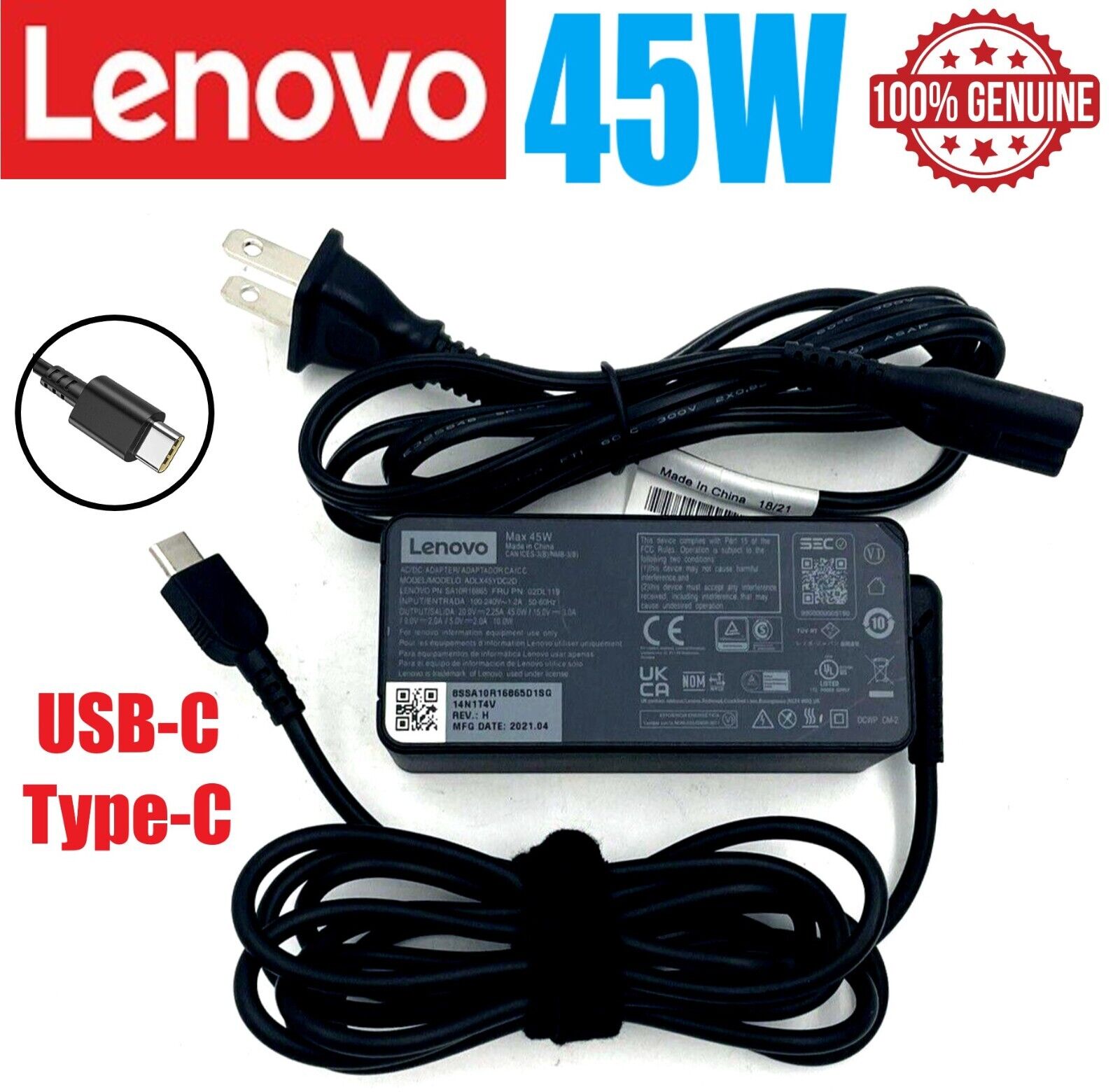 LOT OEM Lenovo 45W USB/Type-C HP Chromebook Lenovo Acer Asus Samsung AC Adapter