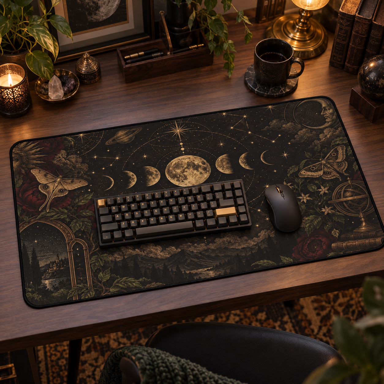 Celestial Moon Phase Desk Mat, Gothic Moth Mouse Pad, Witchy Floral Decor