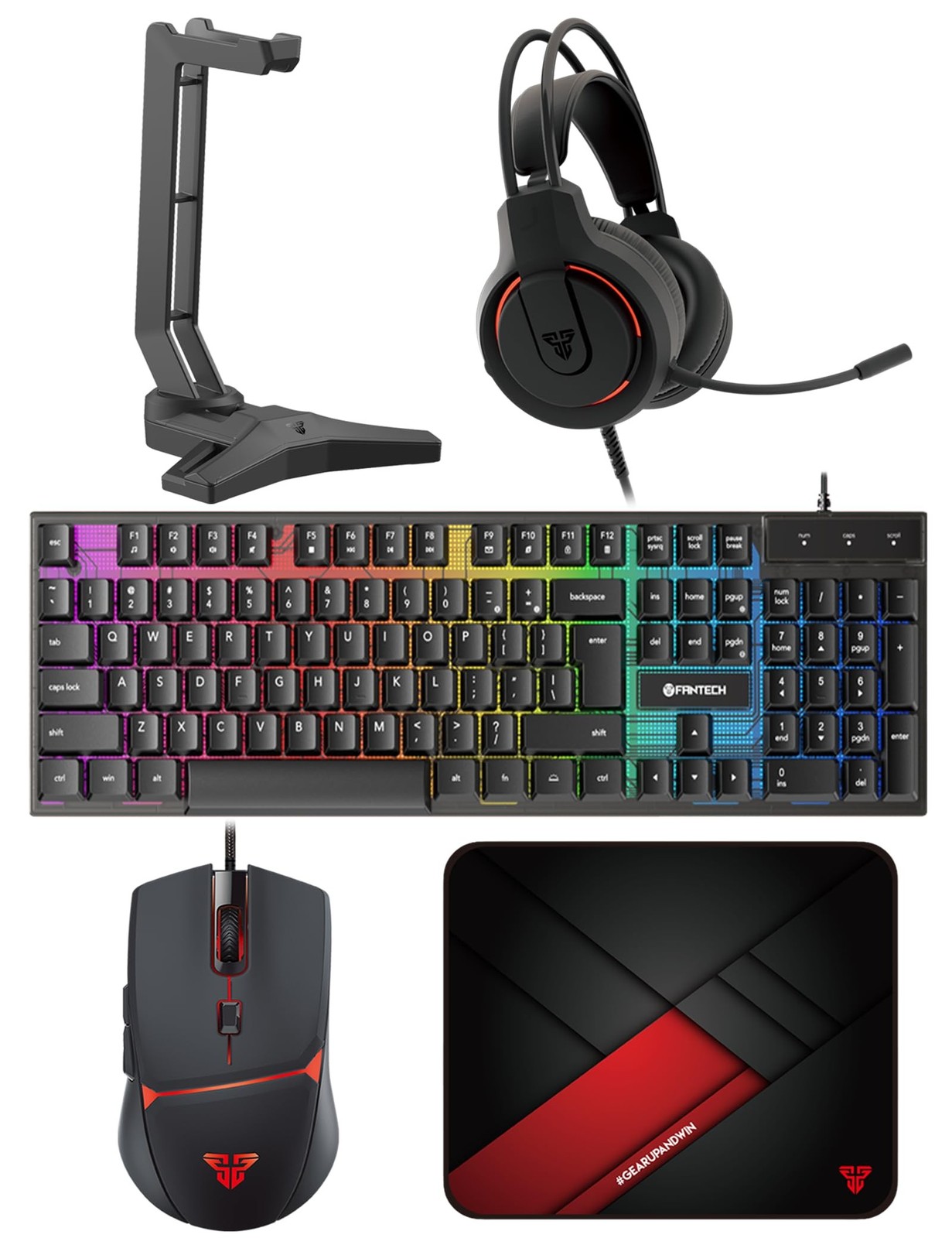 FANTECH P51S 5-in-1 RGB Wired Gaming Keyboard Mouse Headset Bundle, Black