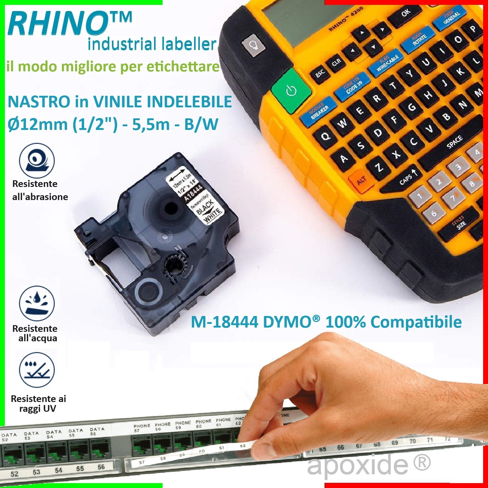 COMPAT-DYMO® M18444 RHINO™CART★B&W PERMANENT VINYL TAPE Ø12mmx5.5m★STICKER