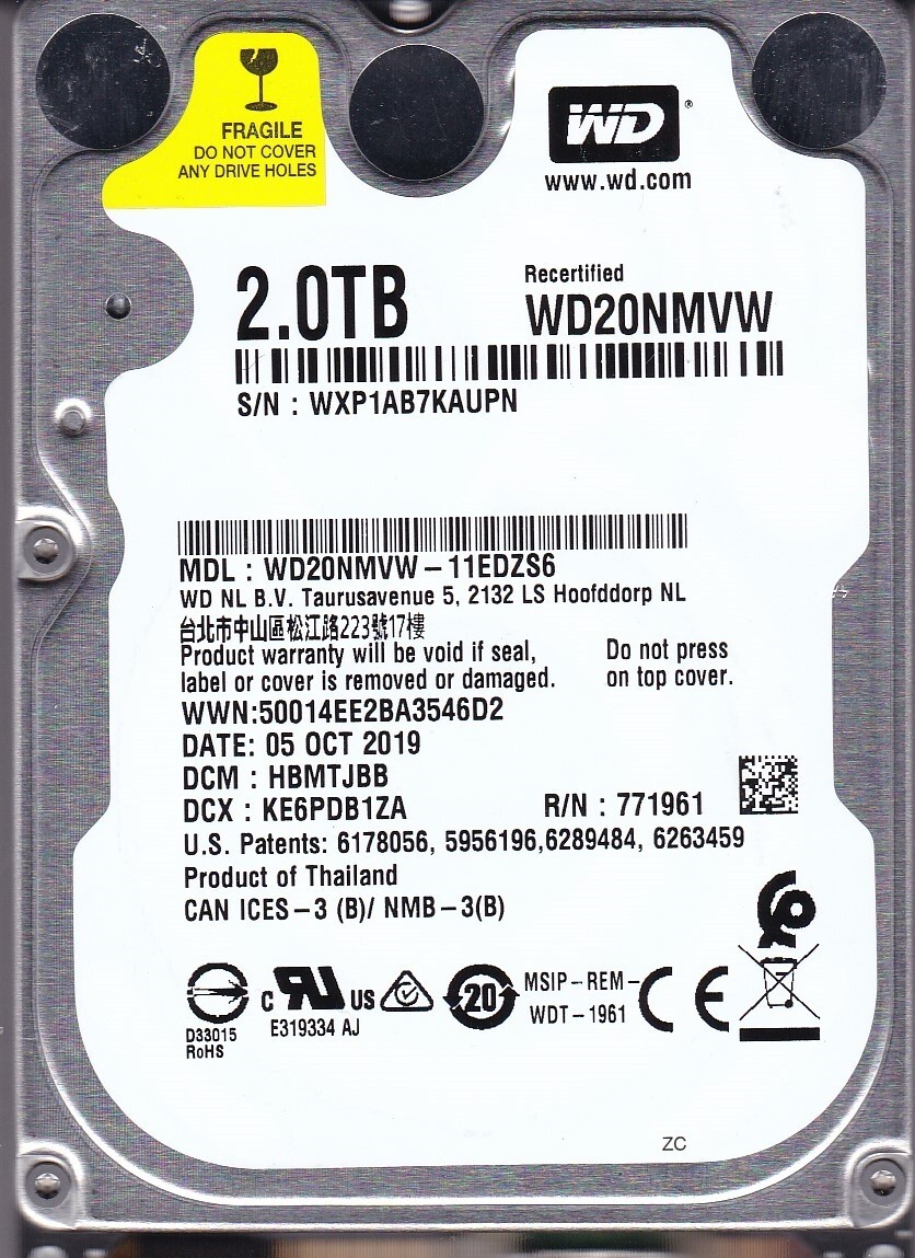WD20NMVW-11EDZS6 dcm: HBMTJBB sn: WXP1AB  2019 Thailand 2TB 2.5" USB 3.0 B16-09