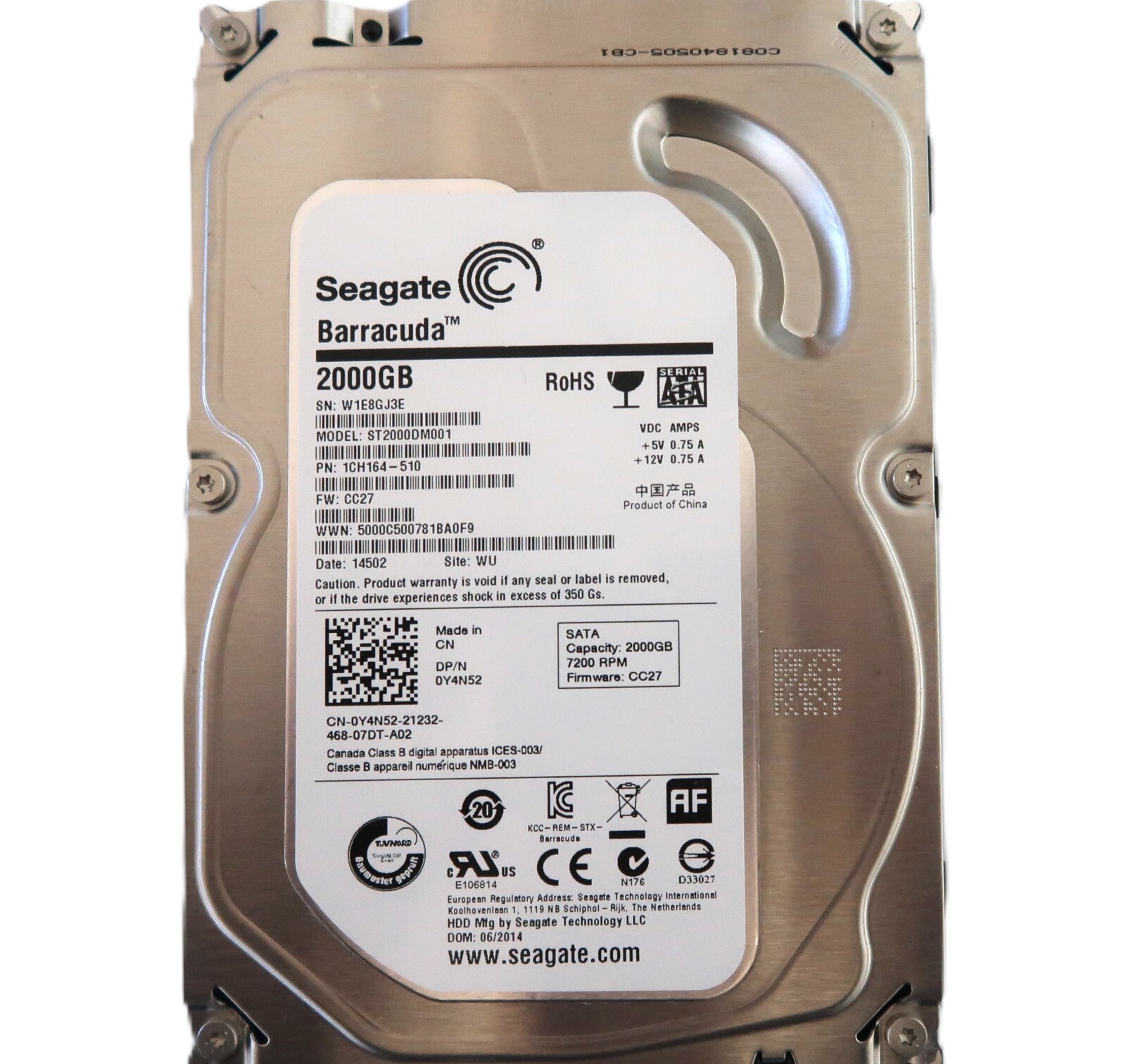 Seagate ST2000DM001 PN: 1CH164-510 FW:CC27 (W1E8) WU China 3.5" 2000gb 06/2014