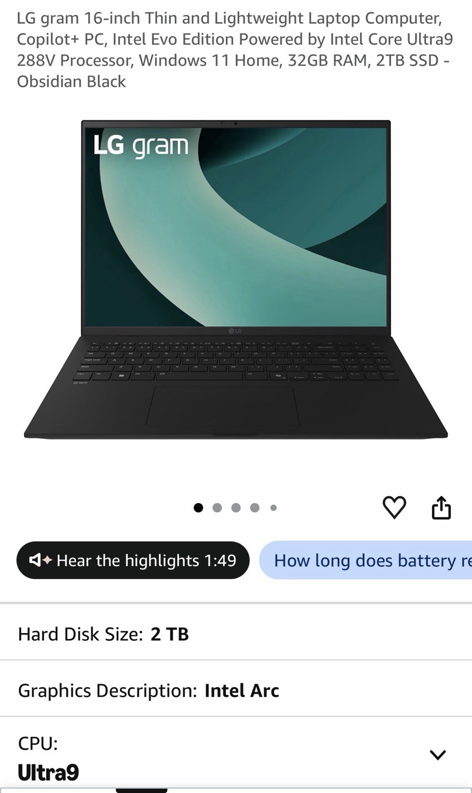 LG Gram 16 Inch Thin Ultra Light, Copilot + PC, Intel Evo, Intel core Ultra 9