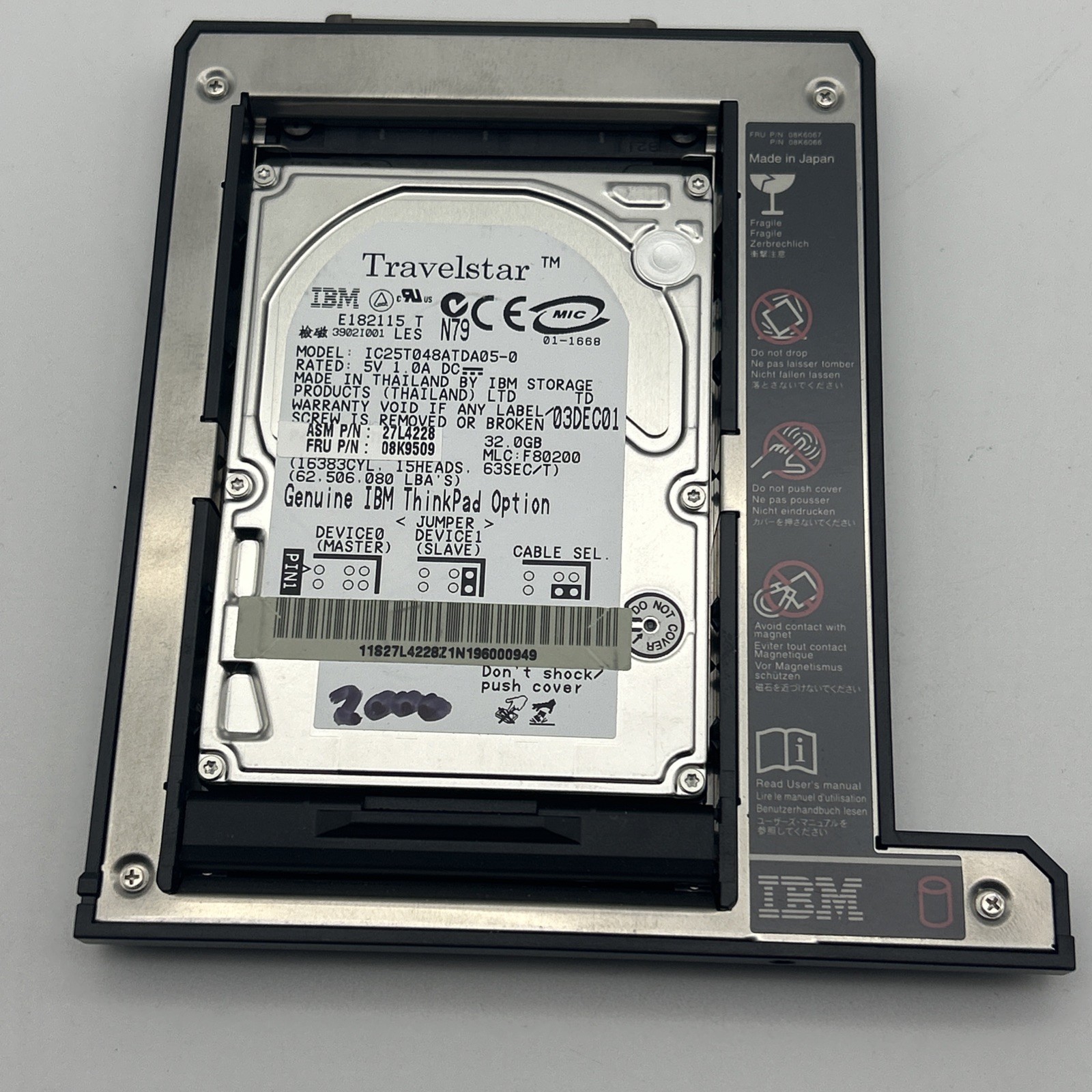 IBM Thinkpad Slim HDD Adapter With 32GB Hard Drive FRU 08K6067 08K6066 Vintage