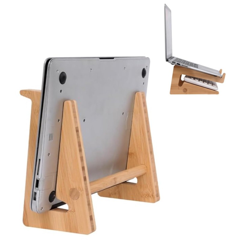 Nuvograin Wooden Vertical Laptop Stand for Desk, Bamboo Laptop Holder Compatible