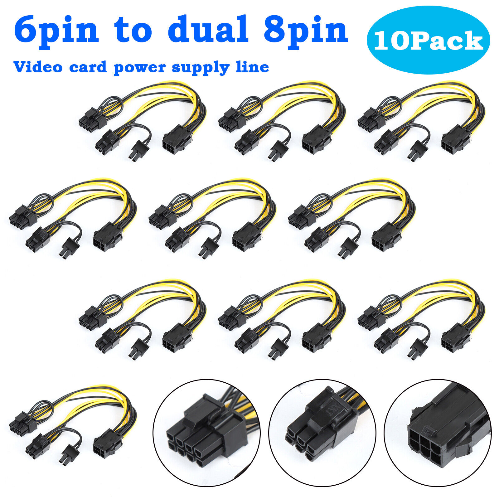 10 Pcs PCIe 6pin Female to Dual 8pin(6+2) pin Male GPU Power Cable Splitter USA