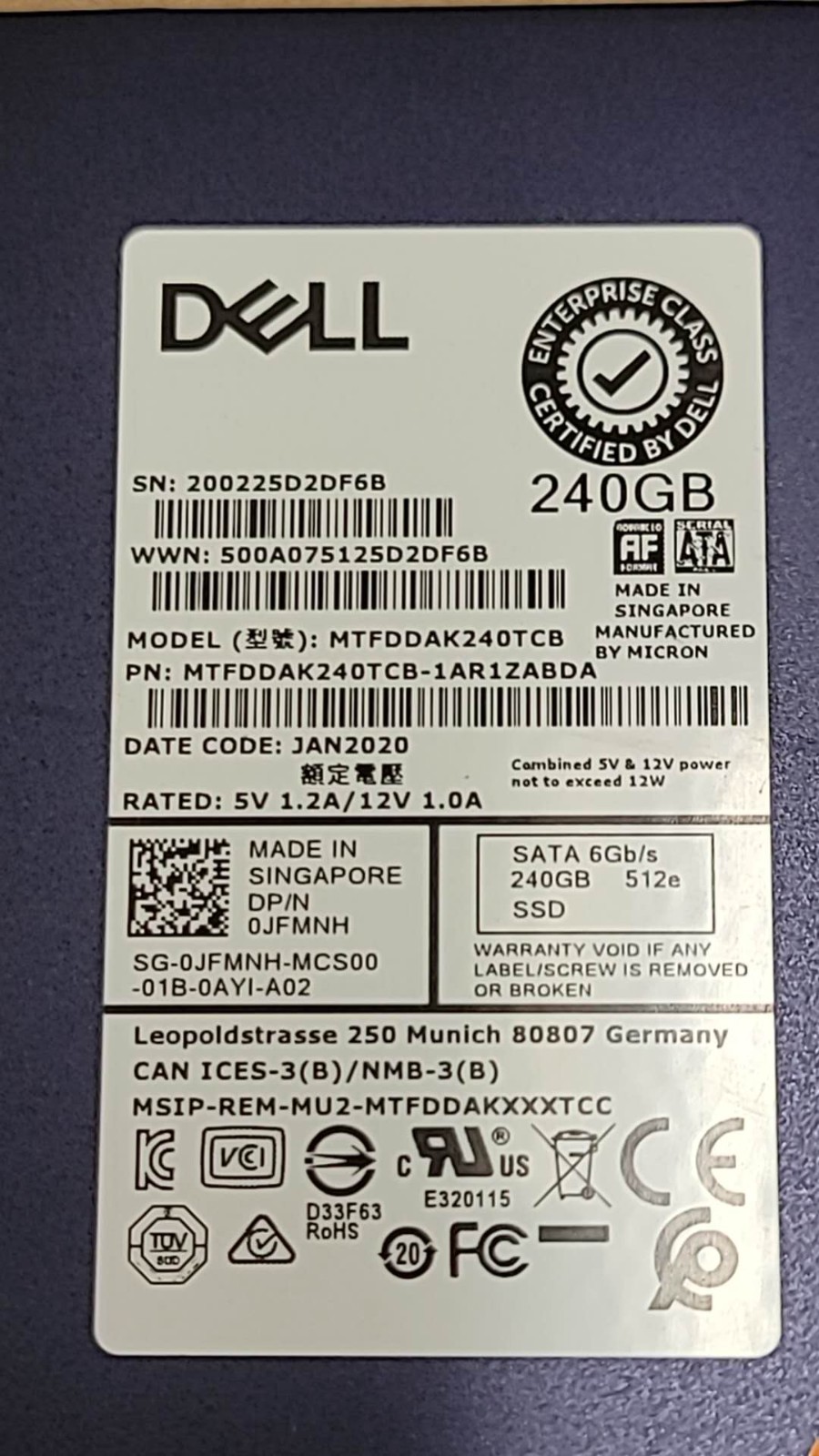 Dell JFMNH 0JFMNH 240GB SSD SATA 2.5" 6G 512E MTFDDAK240TCB 77% Health