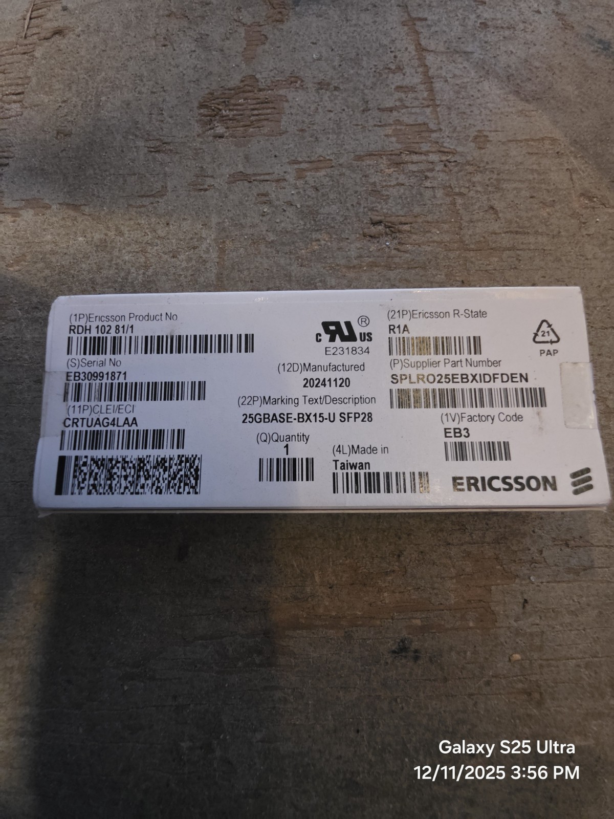 Ericsson RDH 102 81/1  25GBASE-BX15-U SFP28 SFP CARD