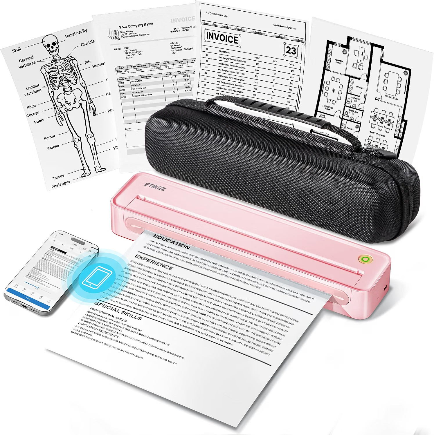 D90E Inkless Portable Thermal Printer w/ Case 8.5x11" Pink Bluetooth