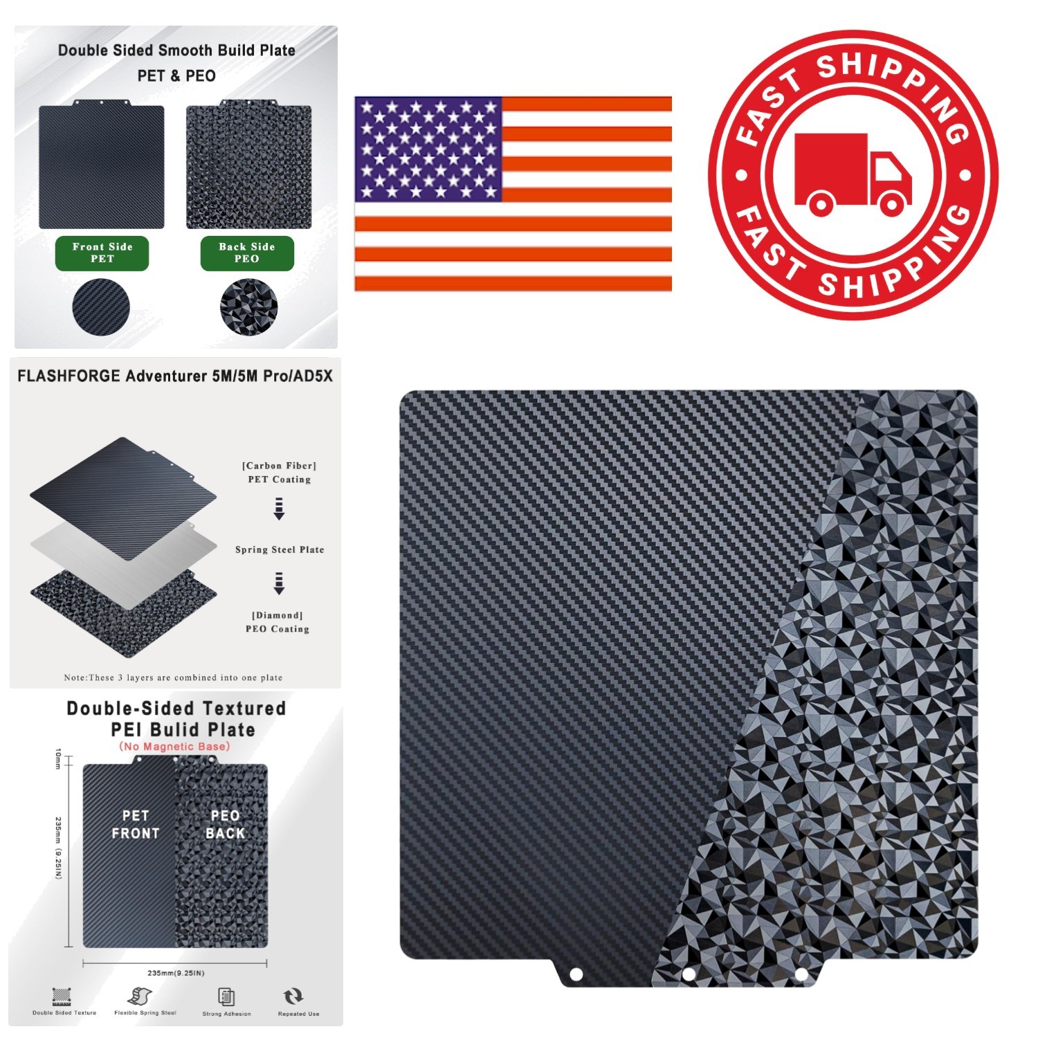 Carbon Fiber PET Build Plate 235x235mm Excellent Adhesion for 3D Printing