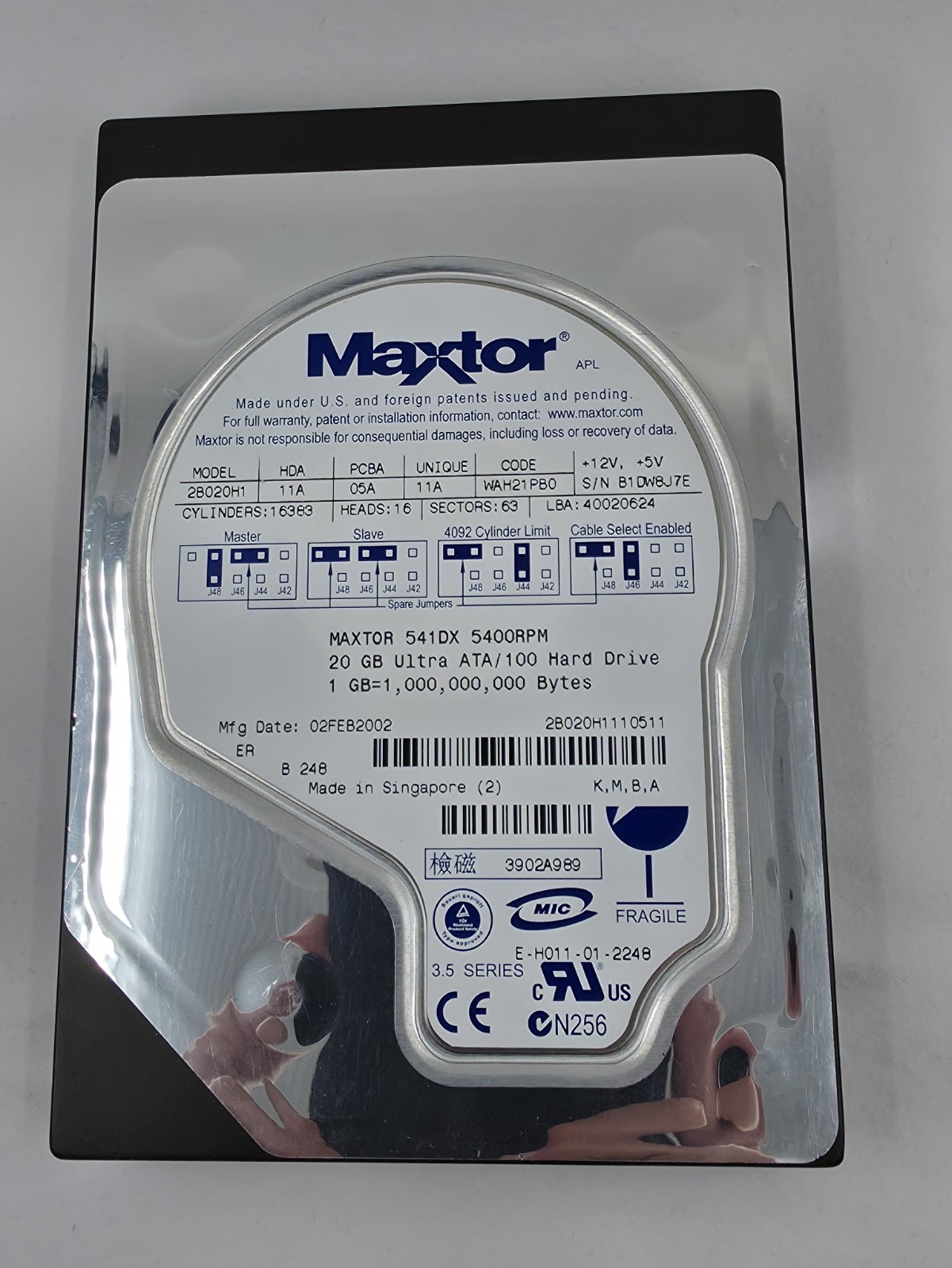 MAXTOR 20GB IDE HDD 2B020H1 541DX 5400RPM ULTRA ATA/100 Vintage Hard Drive As Is