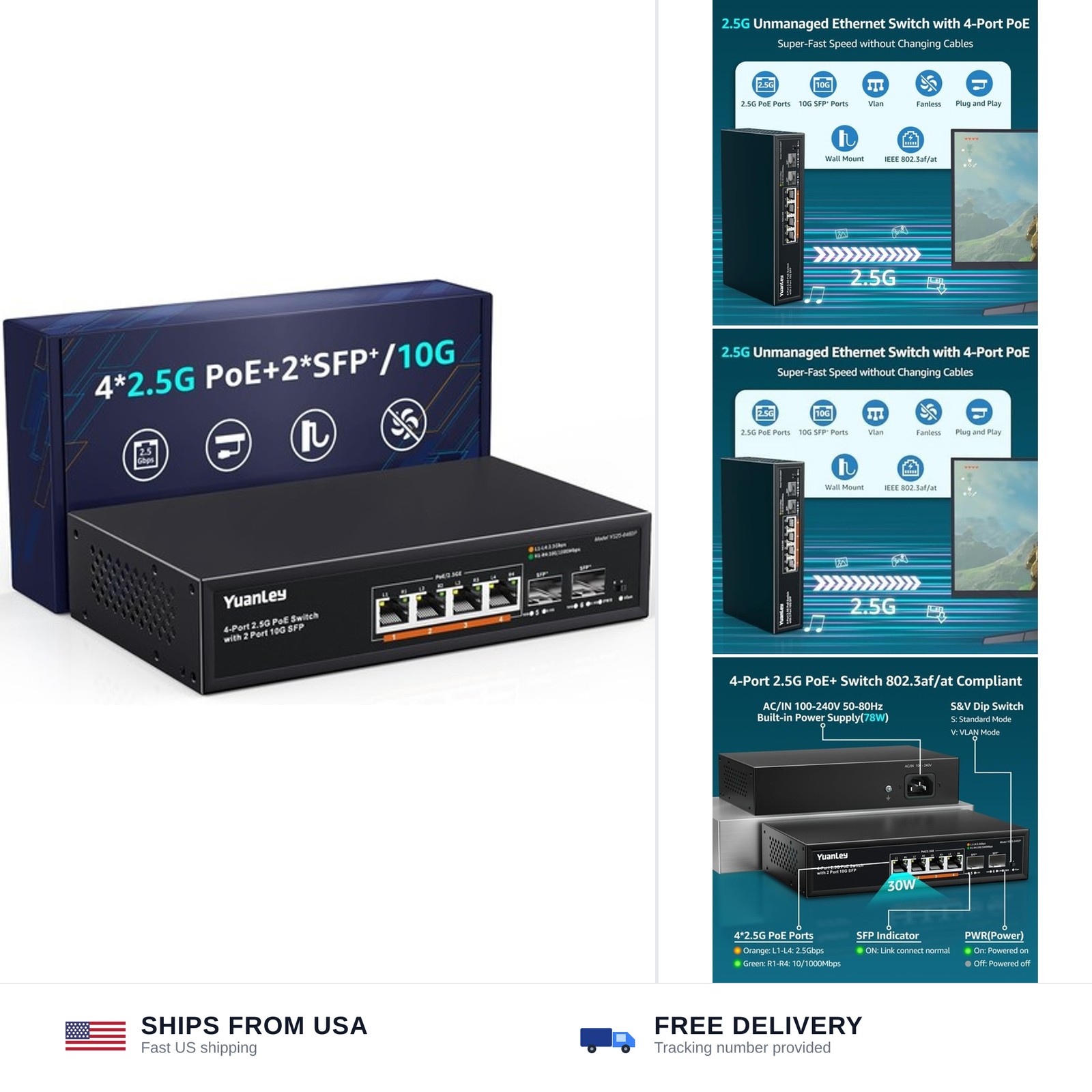 YuanLey 6 Port 2.5G PoE Switch Unmanaged, 4 x 2.5G Base-T PoE Ports, 2 x 10G ...