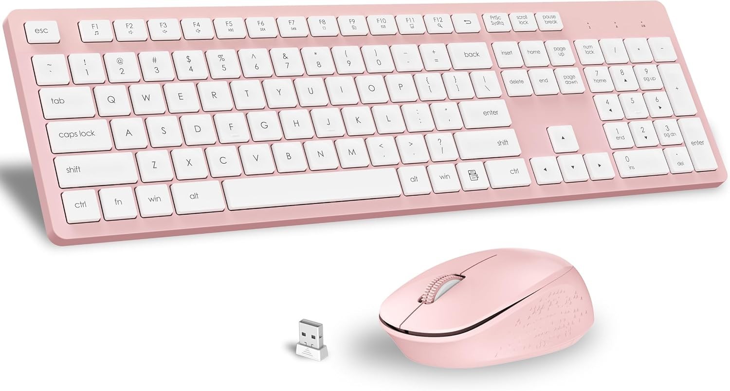 Pink Wireless Keyboard and Mouse Combo, Full-Sized Ergonomic Computer Keyboar...