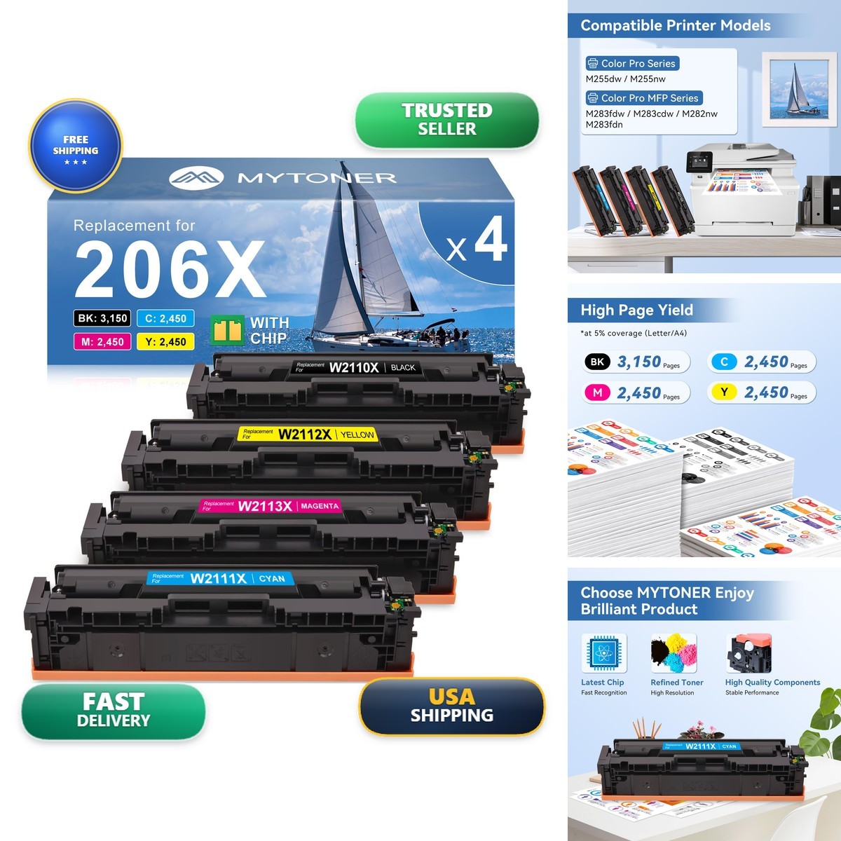MYTONER 206X Toner Cartridges 4 Pack High Yield for M283fdw M283cdw M255dw