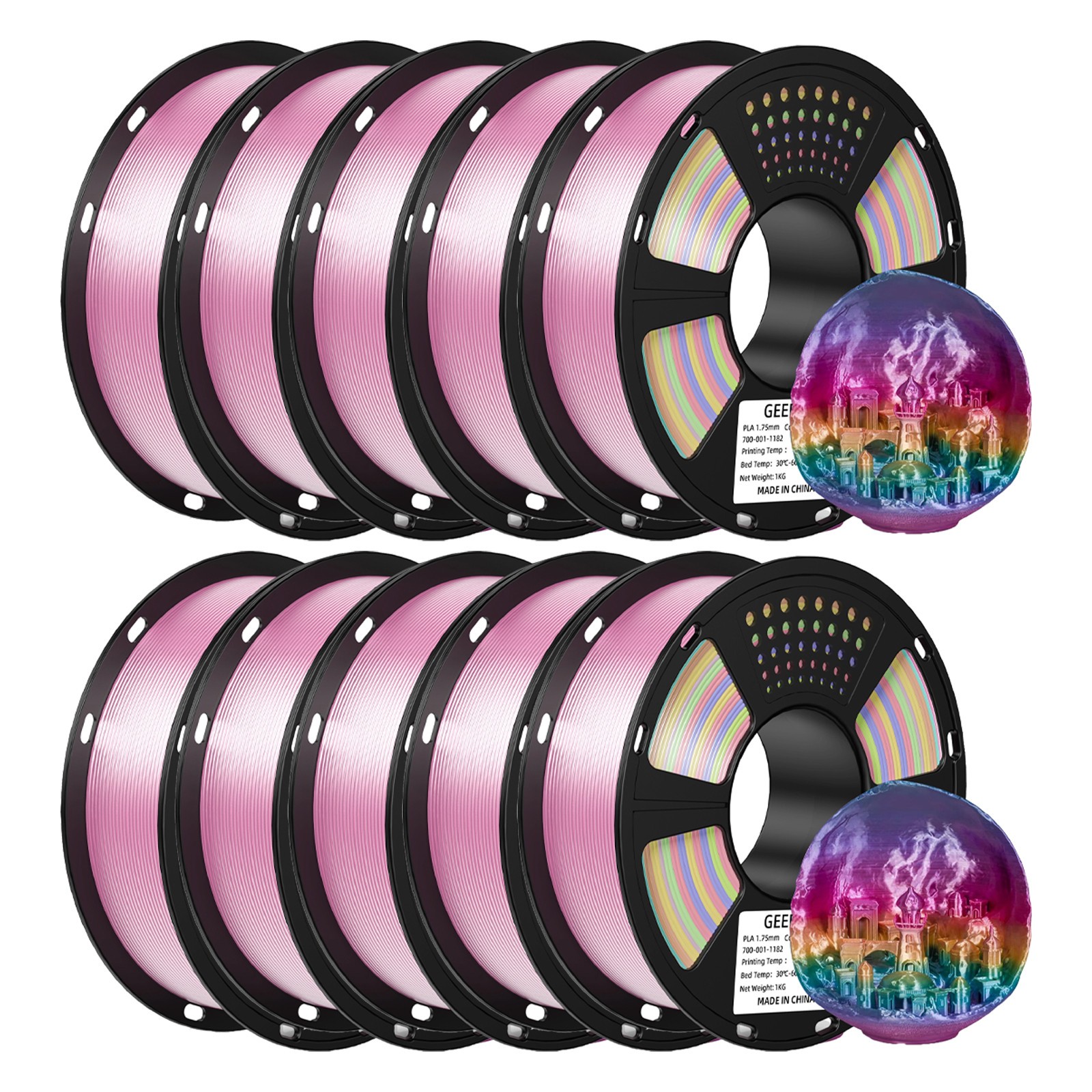 10x GEEETECH Silk PLA Filament 1.75mm 1kg/roll Silk Rainbow PLA Filament NEW