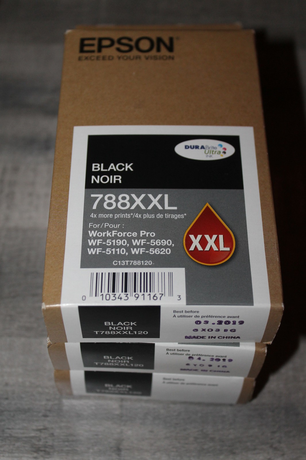 Lot of 3 Genuine Epson 788XXL Black Ink Cartridges T788XXL120 XXL Expired 2019