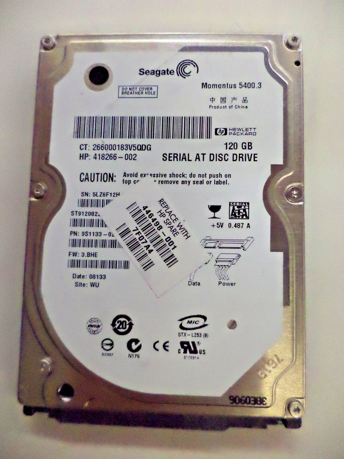 HP 120GB 418266-002 Seagate ST9120822AS 9S1133-022 SFF 2.5in Hard Disk Drive HDD