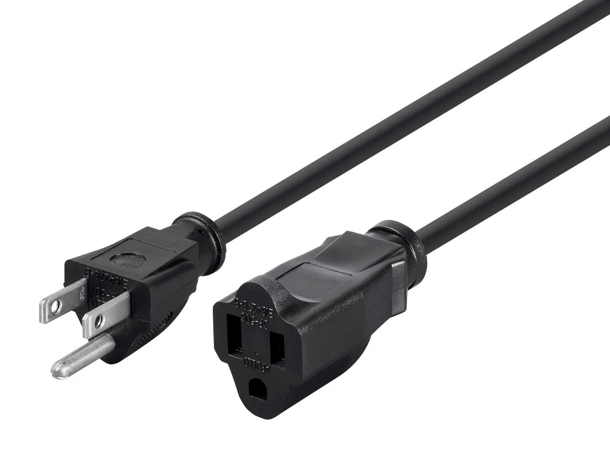 3-Prong Extension Cord - 15 Feet - Black |  NEMA 5-15P to NEMA 5-15R, 16AWG, 13A