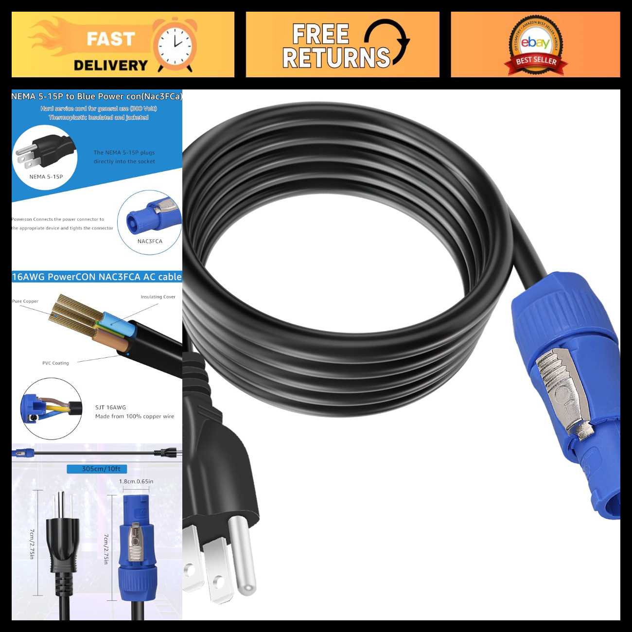3-Prong PowerCON to NEMA 5-15P Cable 20A 3 Pin Connector Cord 16AWG 10FT for Sta
