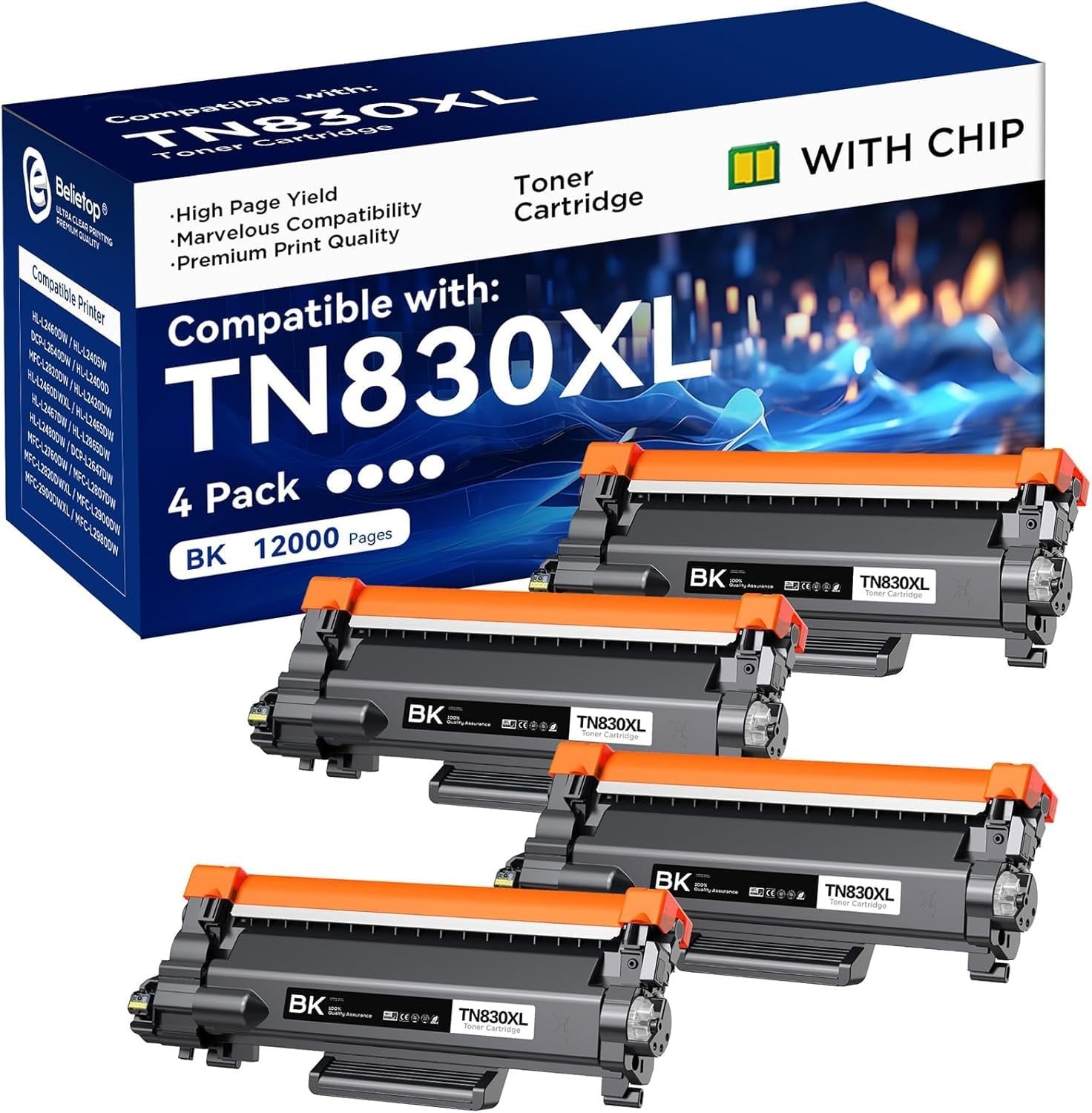 4 Pack TN830XL Toner Black Cartridge High Yield Replacement for Brother TN830