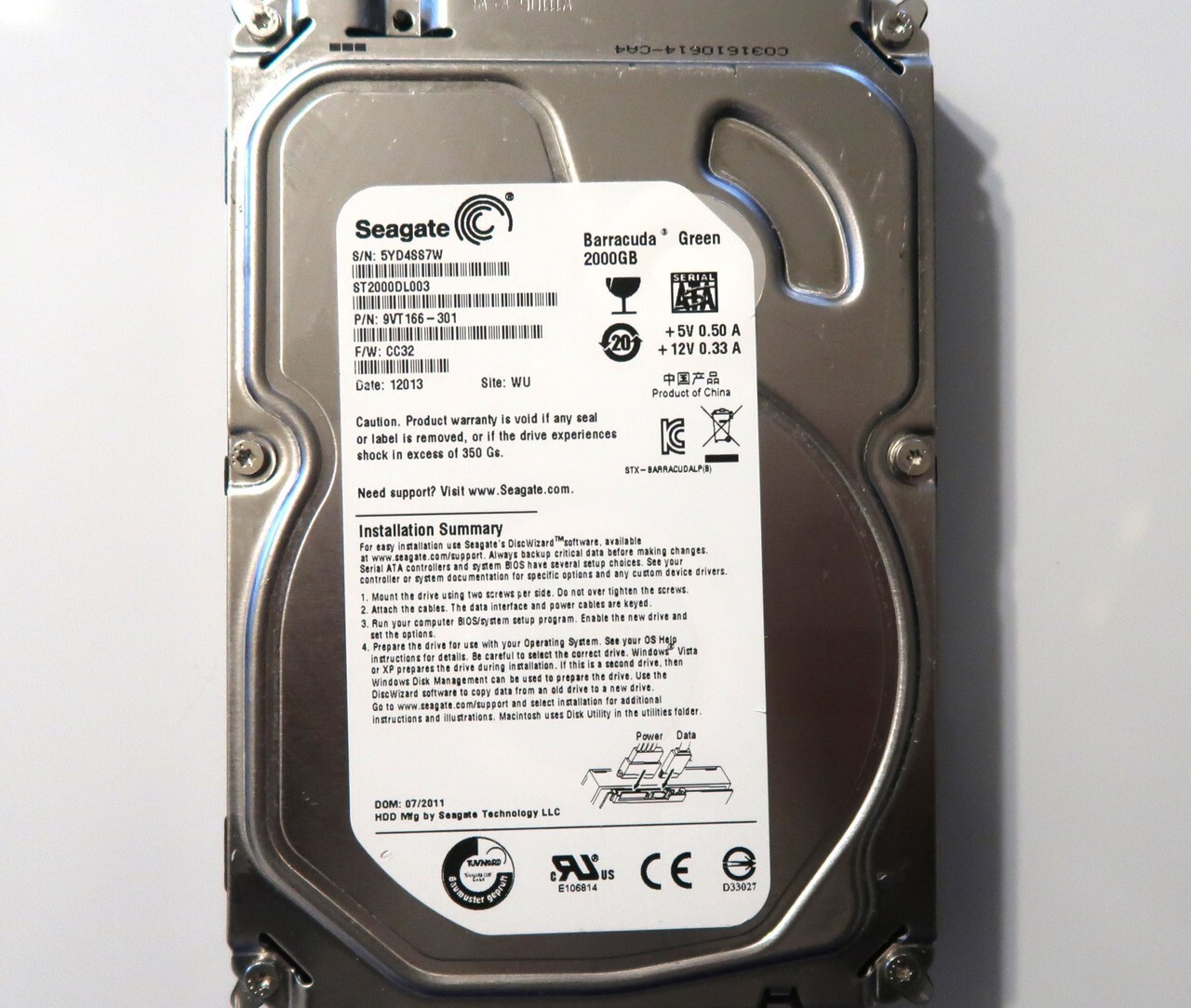 ST2000DL003 PN:9VT166-301 FW:CC32 Site:WU China (5YD4) 3.5" 2000gb Sata JUL.2011