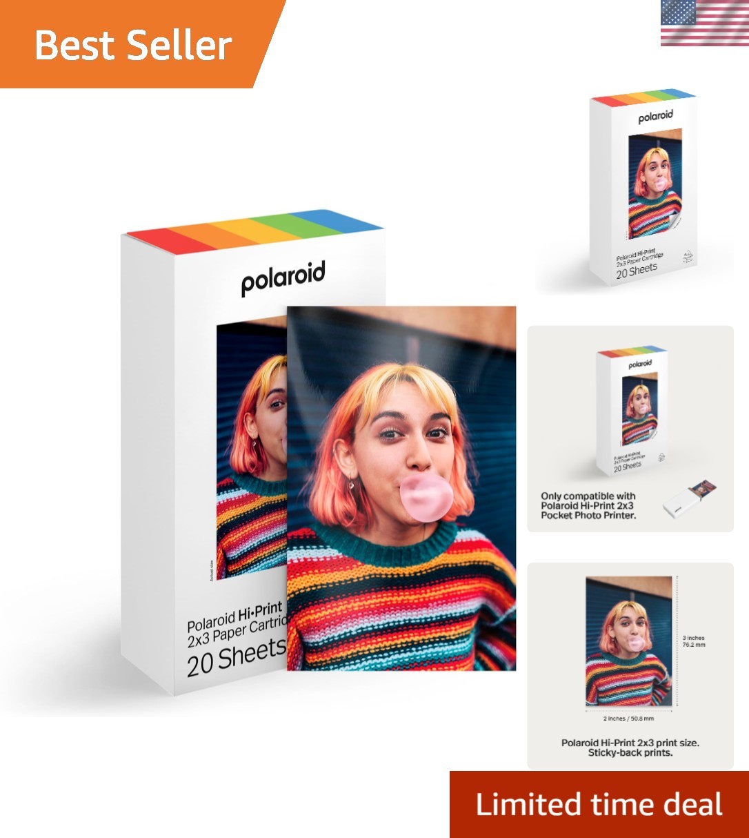 Vibrant 2x3 Photo Paper Cartridge - 20 Sticky-Back Sheets for Easy Printing