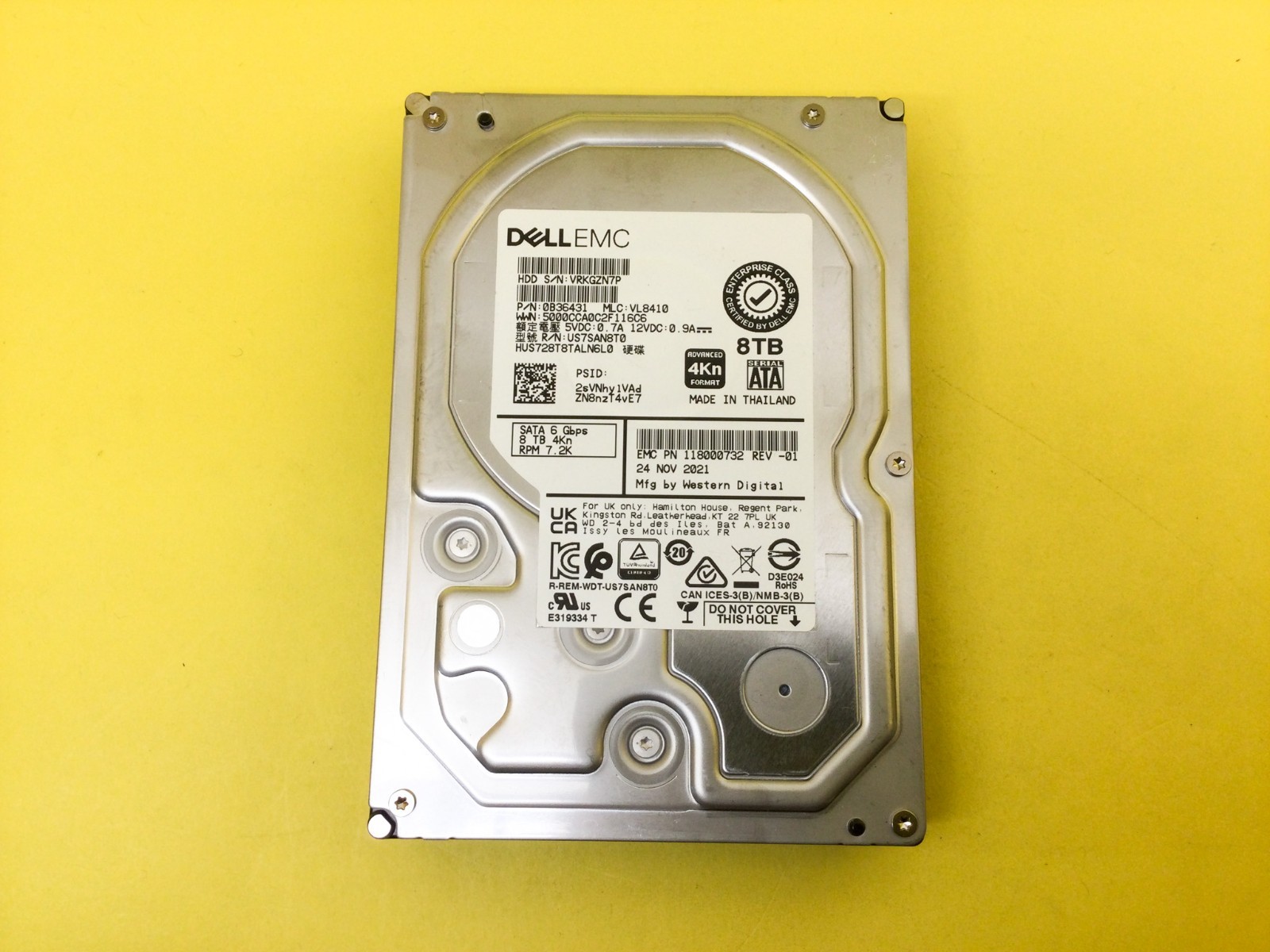 EMC WD 8TB 7.2K SATA 6Gbps 3.5in 4Kn HDD HUS728T8TALN6L0 118000732-01