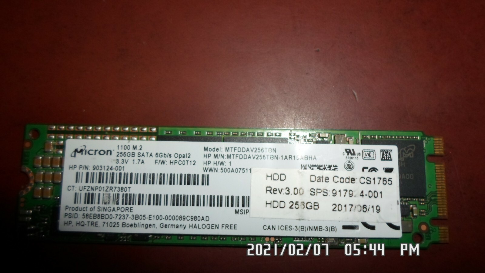HP/ Micron 917924-001 903124-001 903124-003 MTFDDAV256TBN 256GB SSD SATA M.2