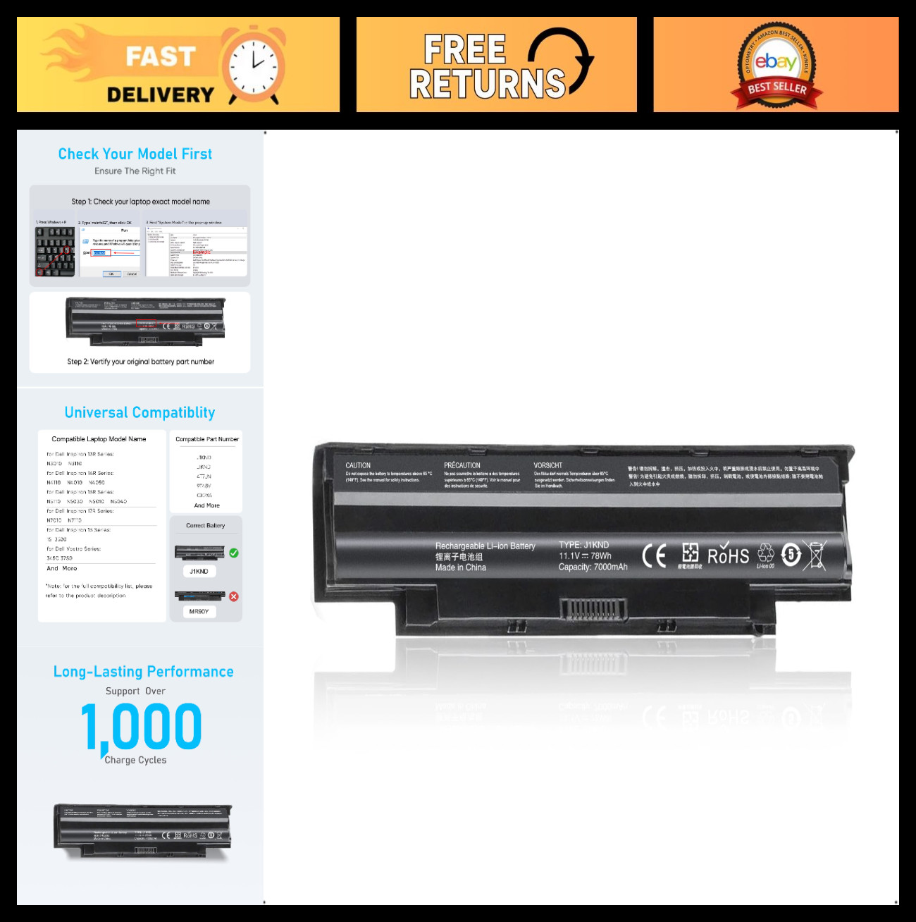 High-Capacity 78Wh Laptop Battery Replacement for Dell Inspiron & Vostro Models