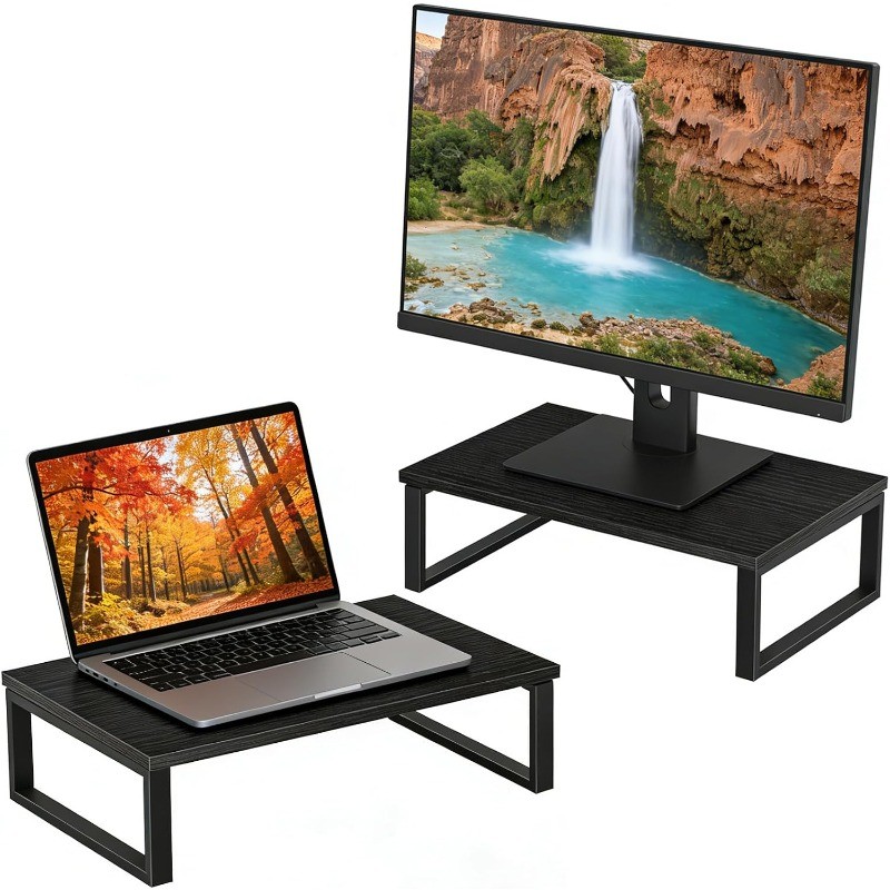 2PCS Wooden Monitors Stand Computer Screen Stands for Desk Space Saver Black