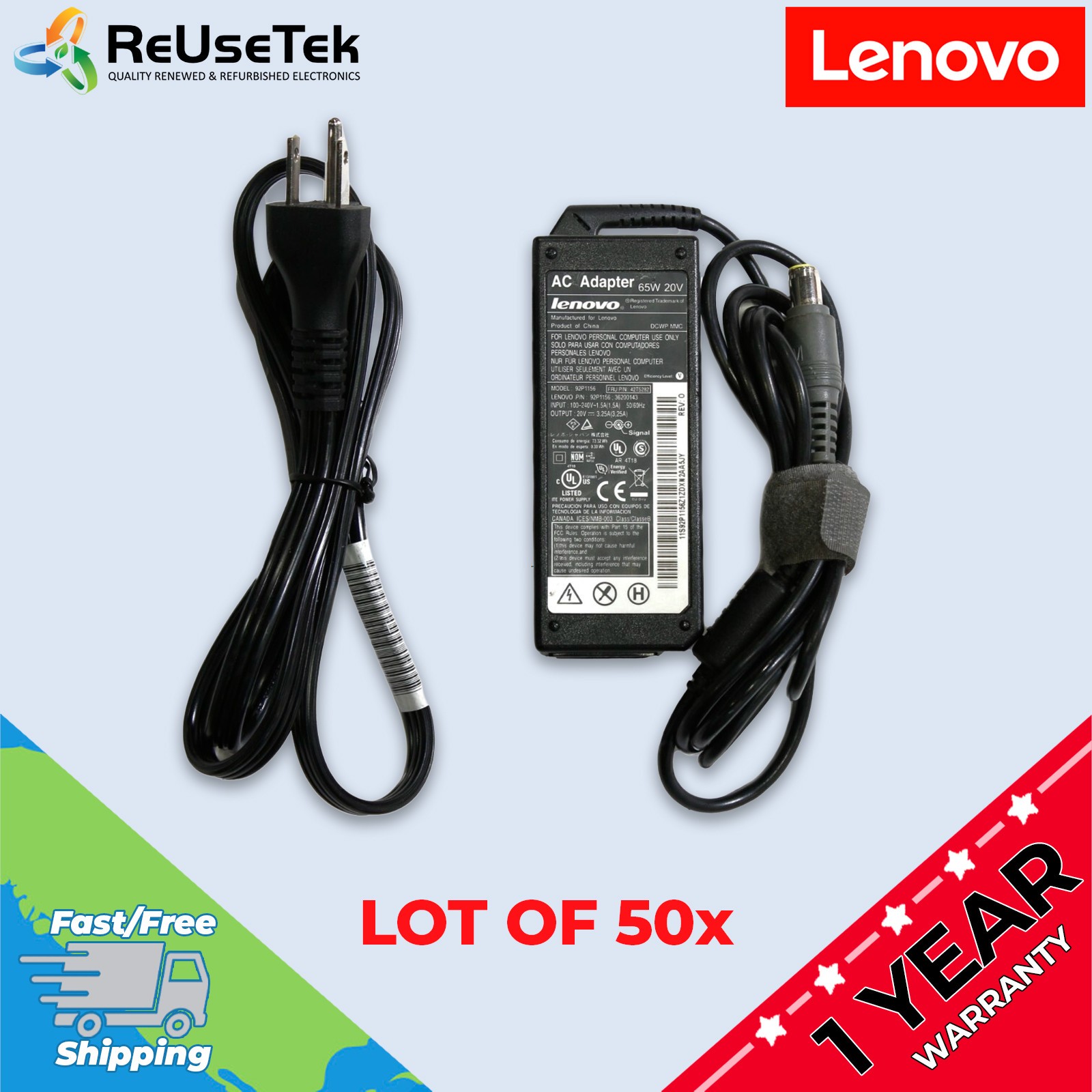 50 Lot OEM Lenovo 65W AC Adapter Laptop Charger for ThinkPad T60 T60p T61 X230