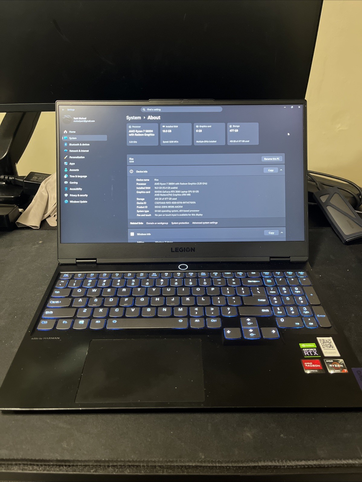 Lenovo Legion S7 15ACH6 Ryzen 7 5800H RTX 3060 16Gb 512GB Charger