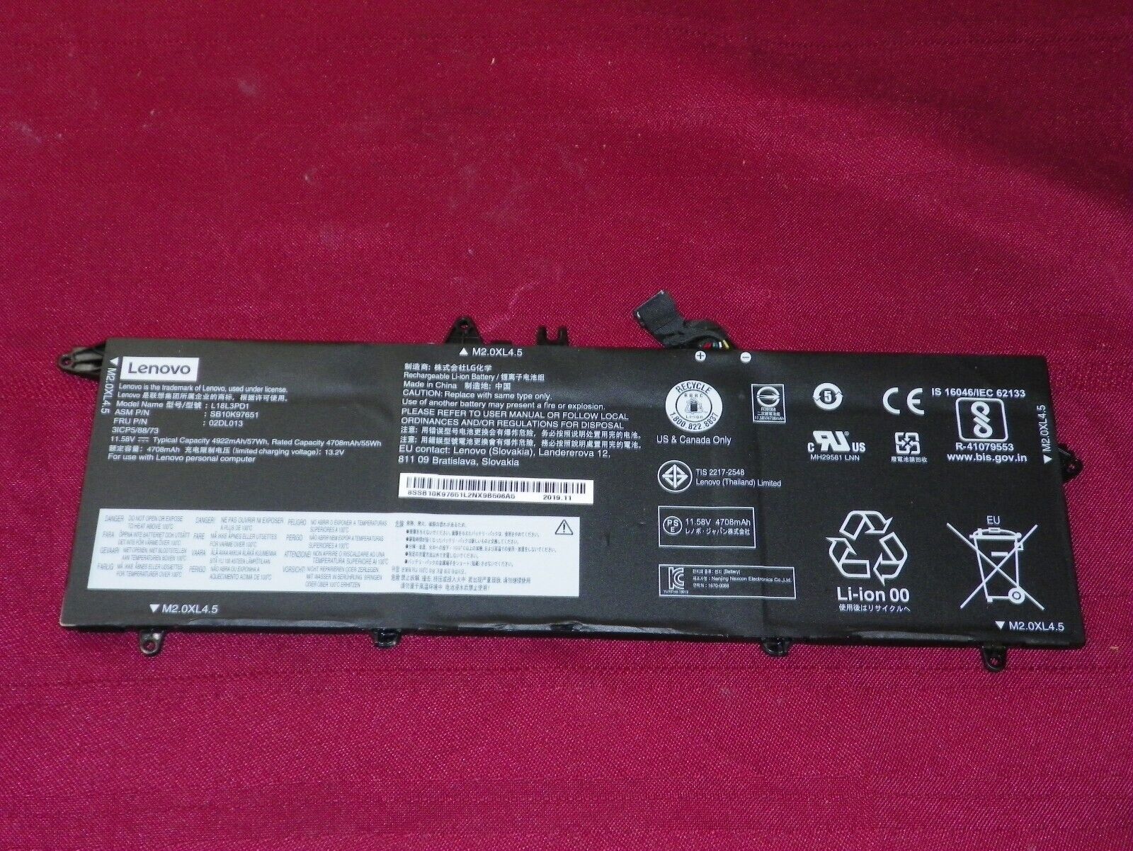 Genuine OEM Lenovo ThinkPad T490s 55Wh Battery - Model L18L3PD1 FRU 02DL013
