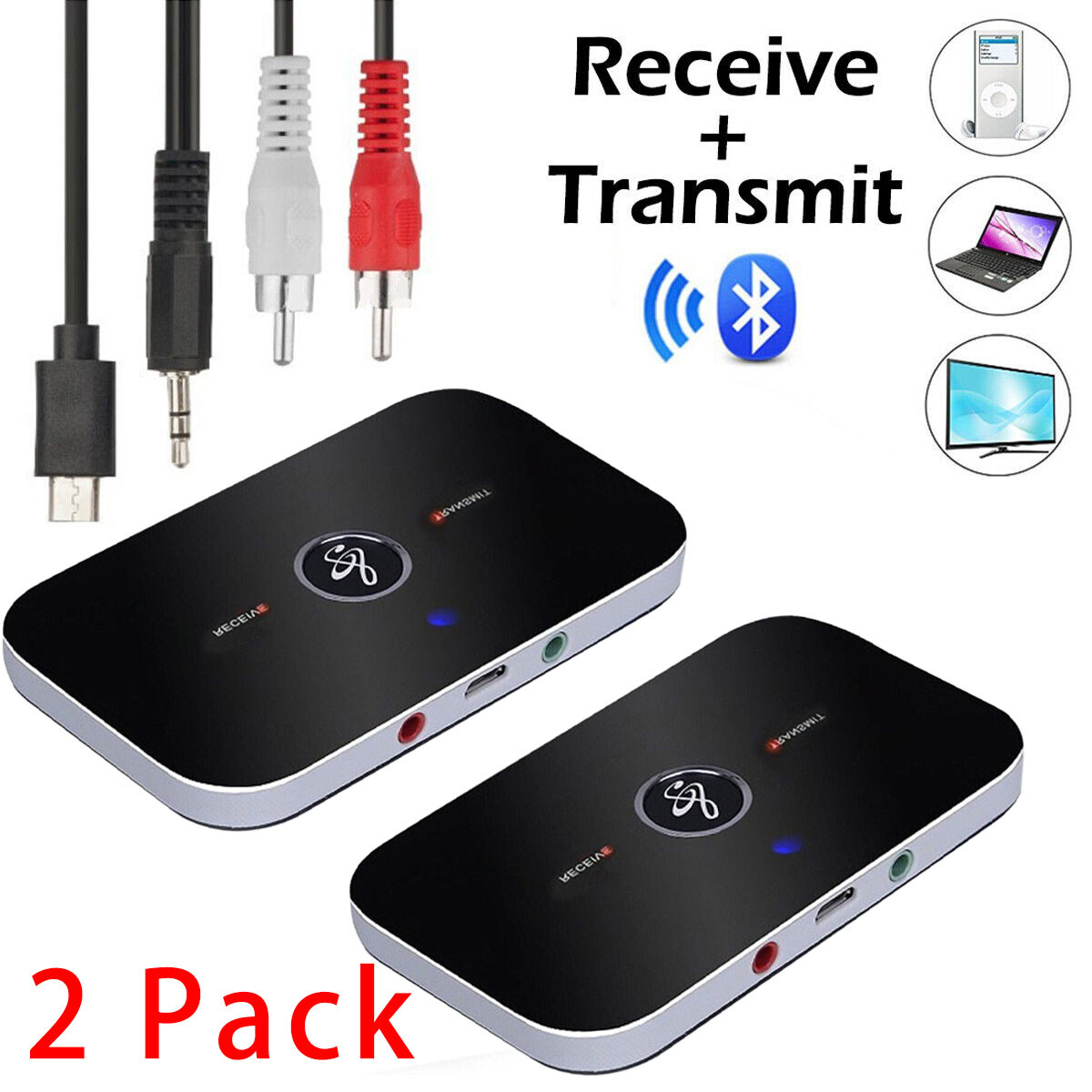 2x Bluetooth V4 Transmitter & Receiver Wireless A2DP Audio 3.5mm Aux Adapter Hub