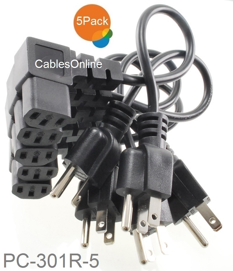5-Pack 1ft Right-Angle AC 3-Prong Power Cables, NEMA 5-15P / IEC320 C13