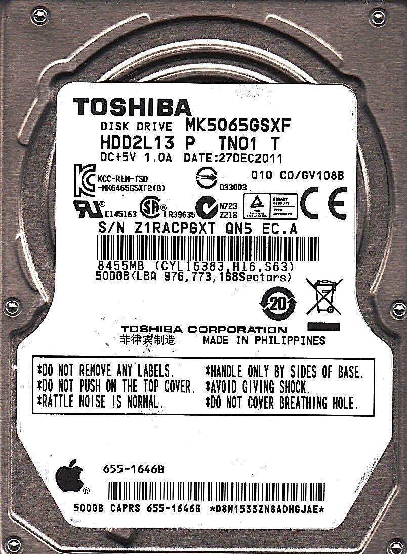 Toshiba Apple MK5065GSXF HDD2L13 P TN01 T G002825A 655-1646B 500GB SATA 2.5 HDD