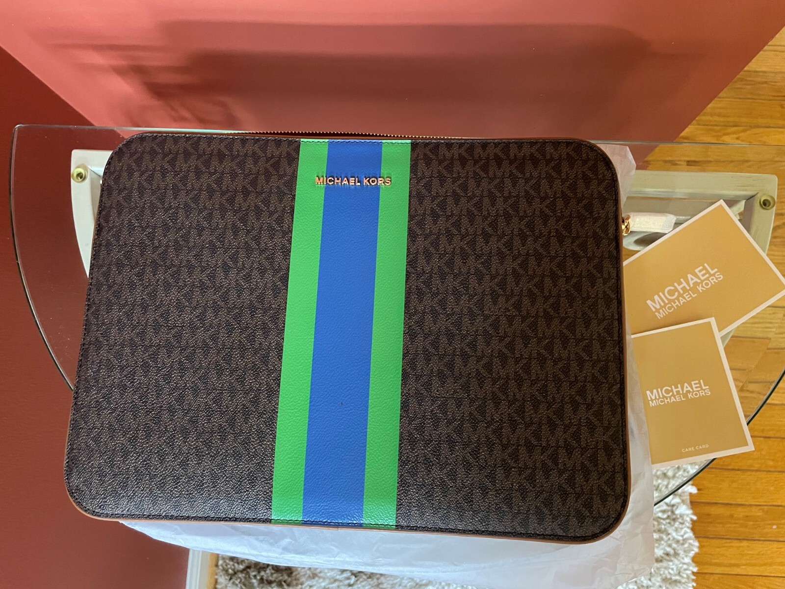 Michael Kors Jet Set Logo 13.5 laptop case - Stripe Palm Green and Royal Blue