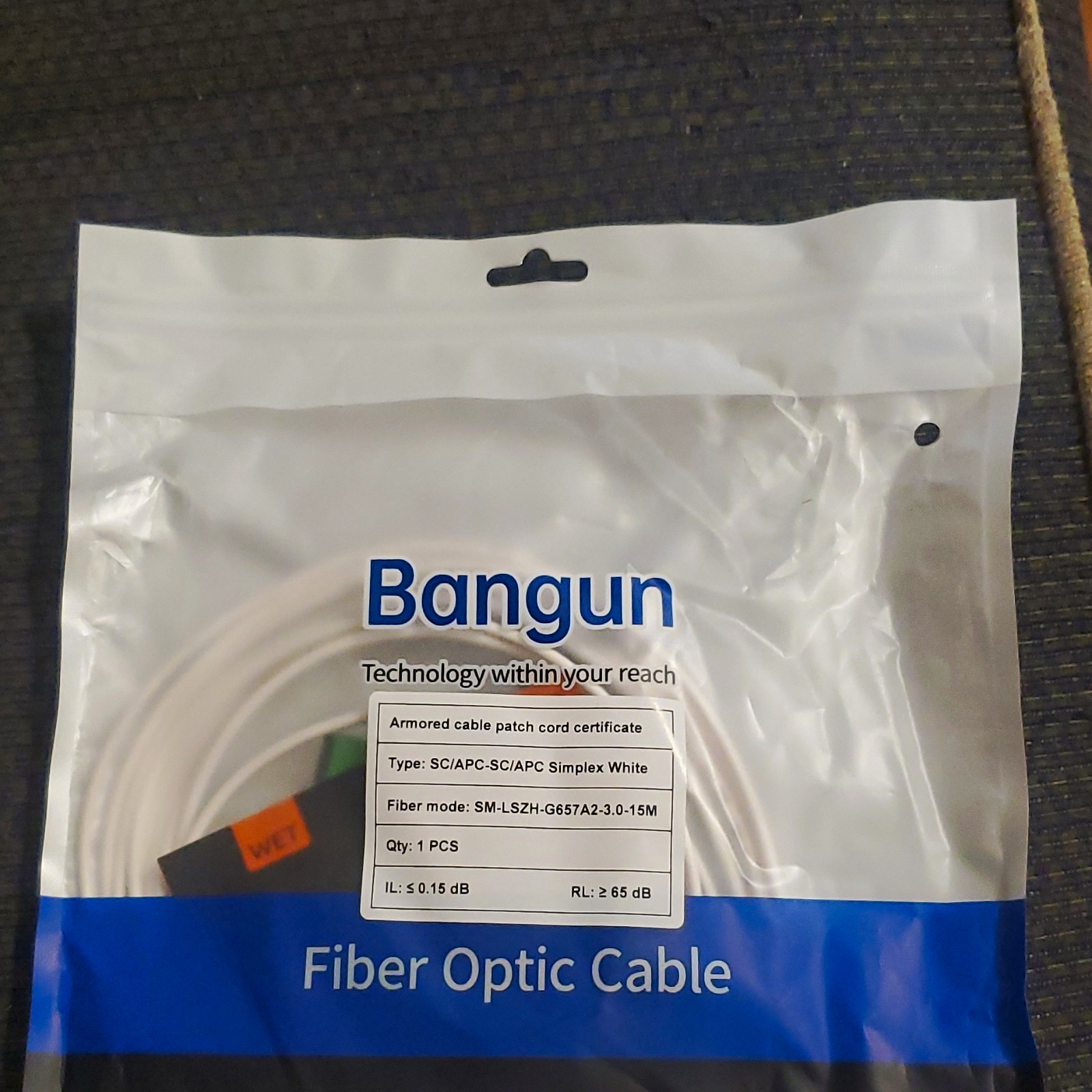 Bangun SC/APC to SC/APC Simplex Armored Fiber Optic Cable White 50 ft